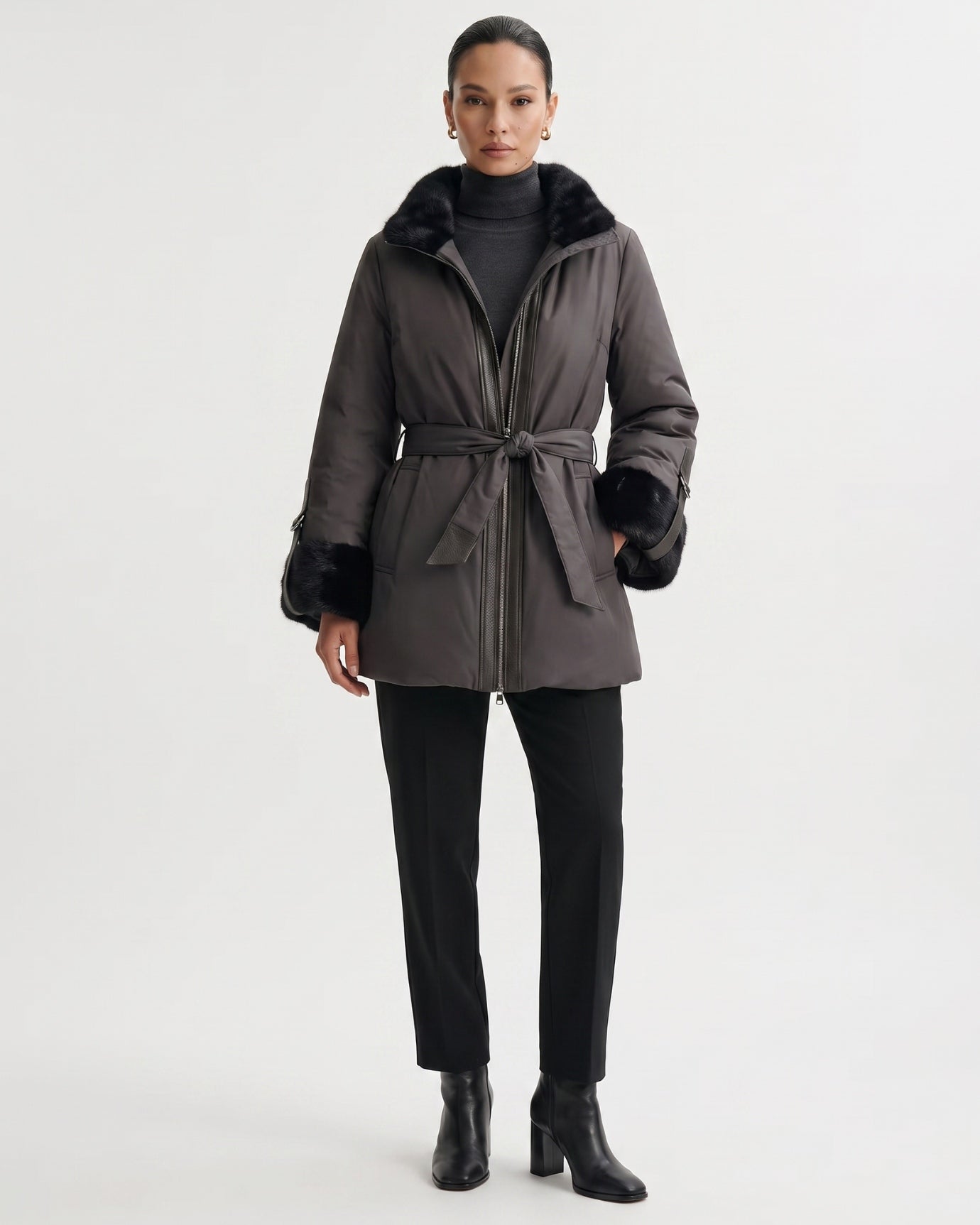 Kira Real Mink Fur Collar Coat Belted Thick Warm