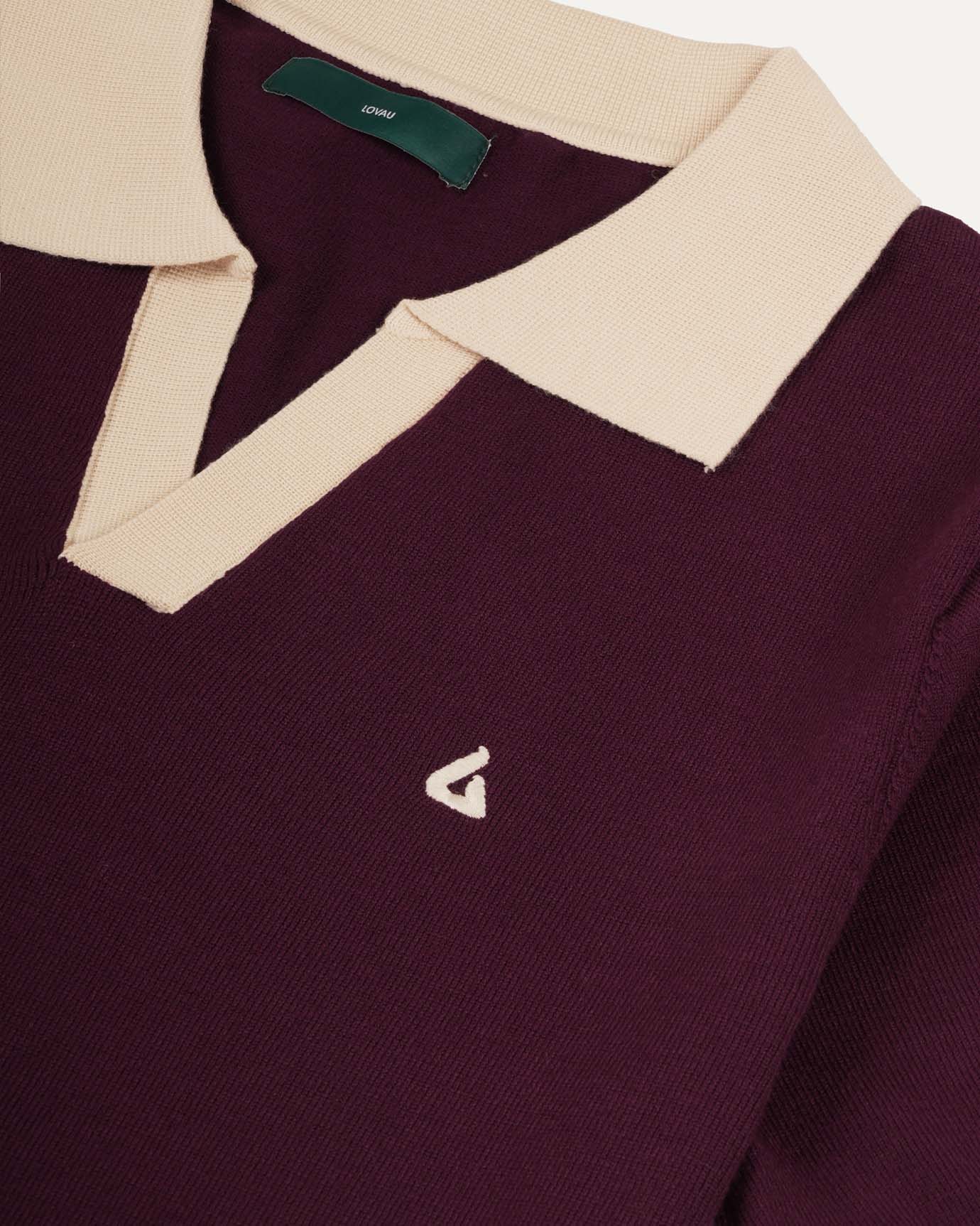 Classic rib-knit sleeve cuffs and hem on Bordeaux polo shirt