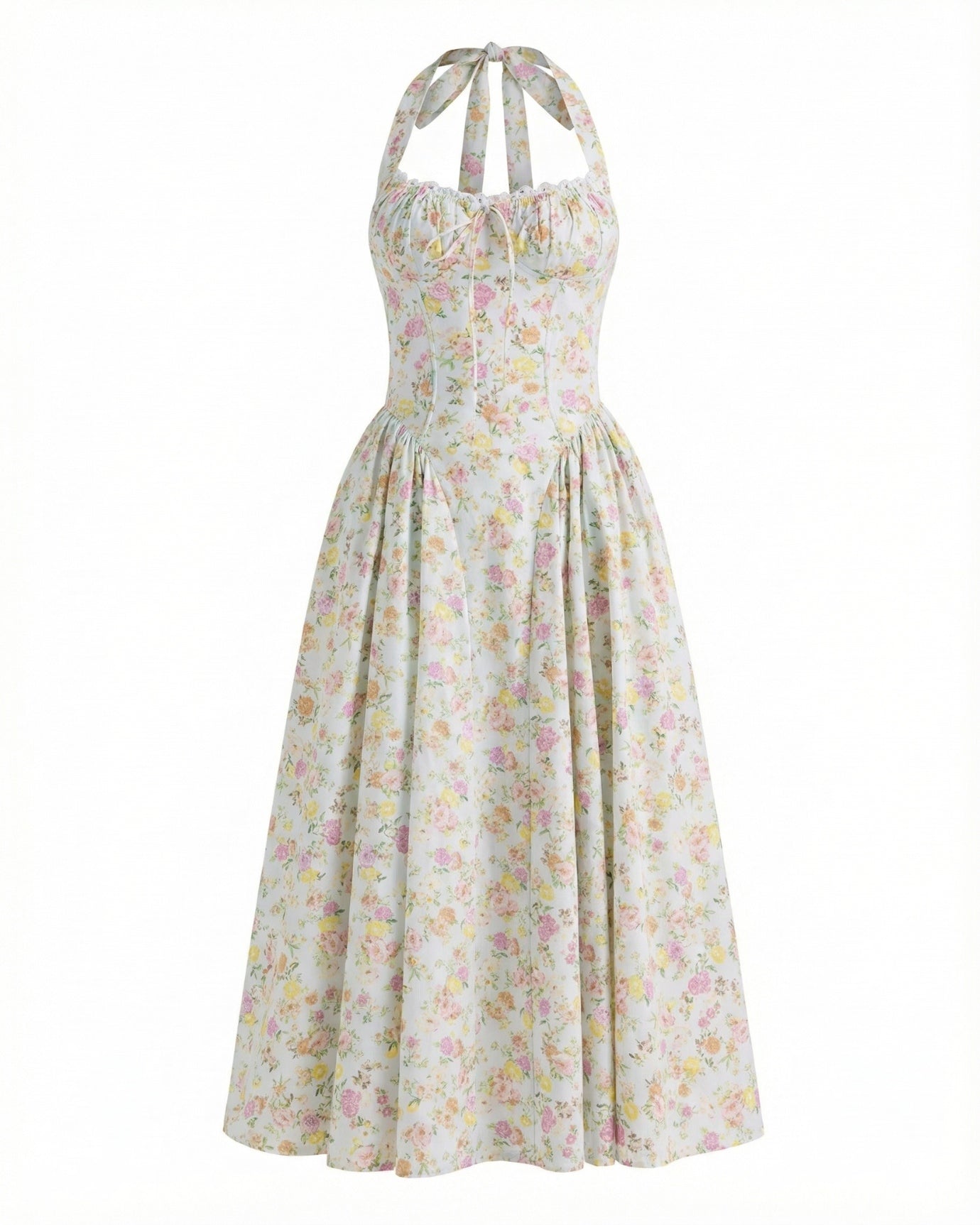 Halter Santorini Soft Blue Pink Flowers Dress