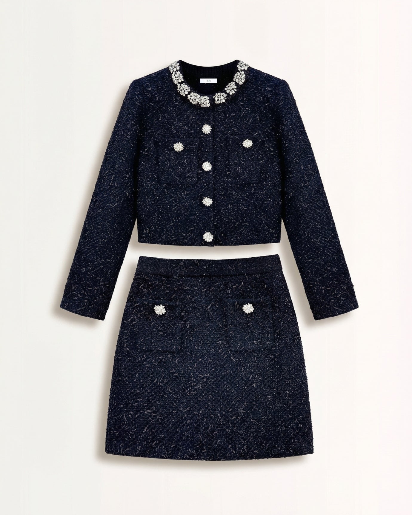 Rhinestone Heavy-Inlaid Knit Cardigan & Midi Skirt