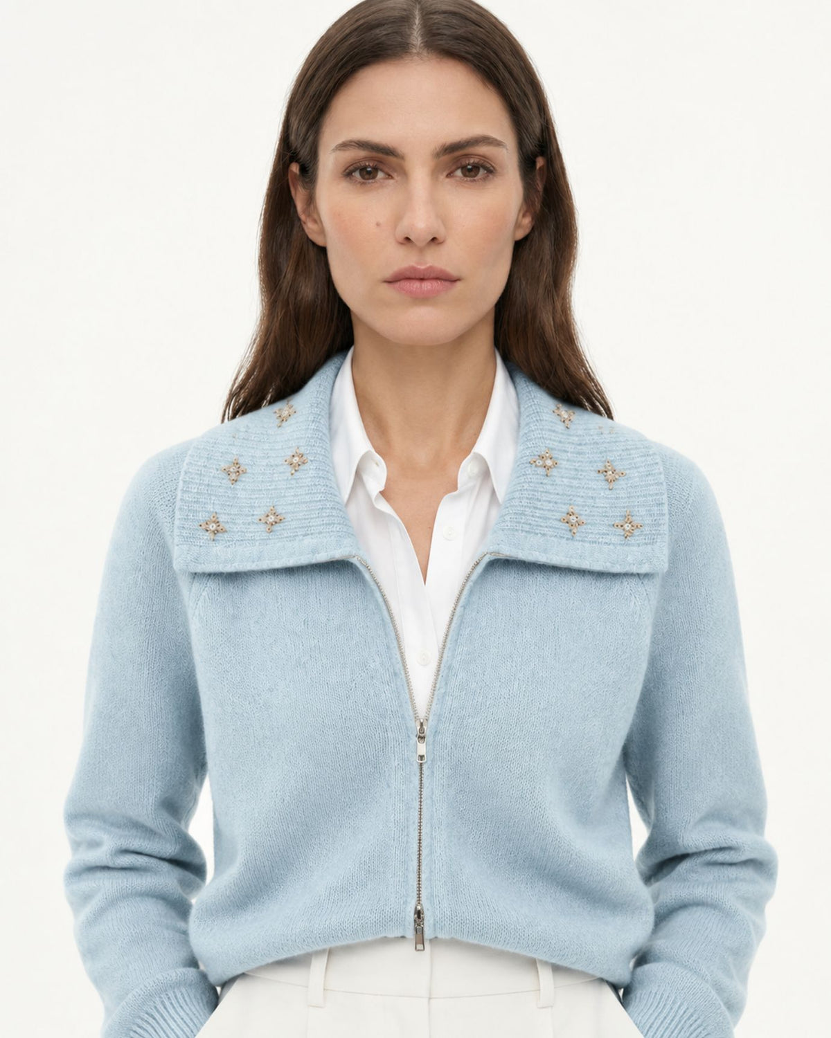 Lina Beaded and Embroidered 100% Cashmere Zip Cardigan