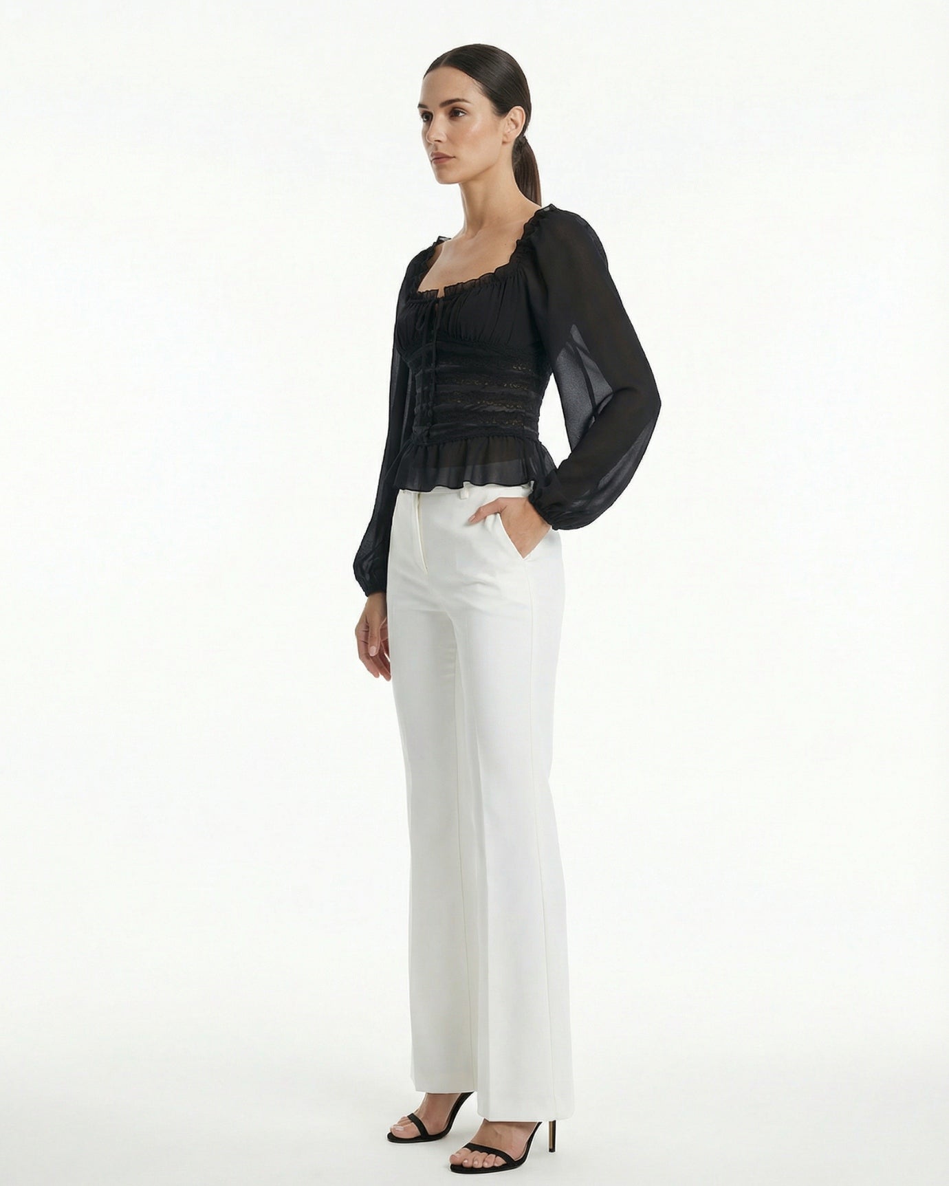 Black Long-Sleeve Ruffle Hem Fitted Top