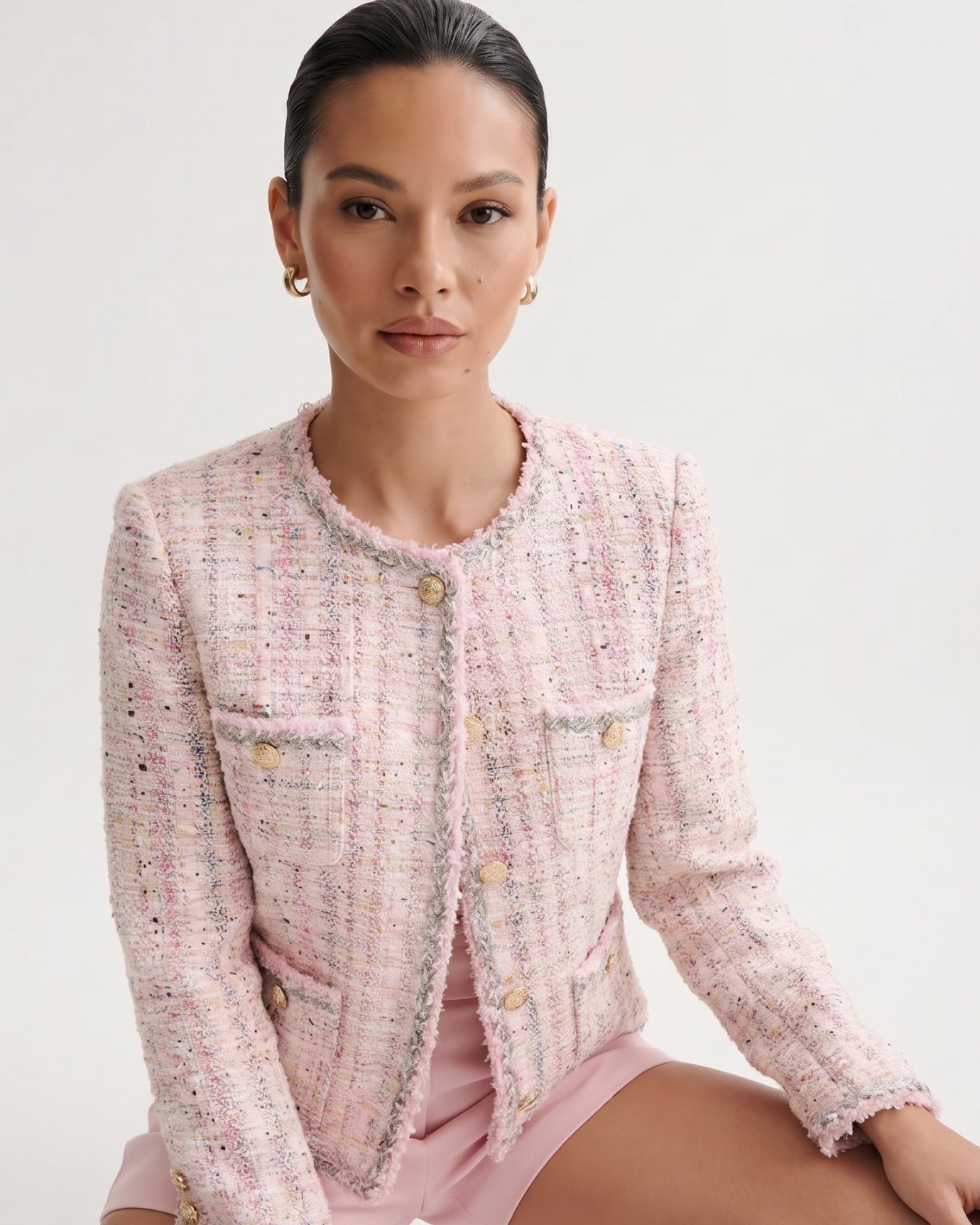 Rihanna Tweed Wool Pink Cardigan Jacket
