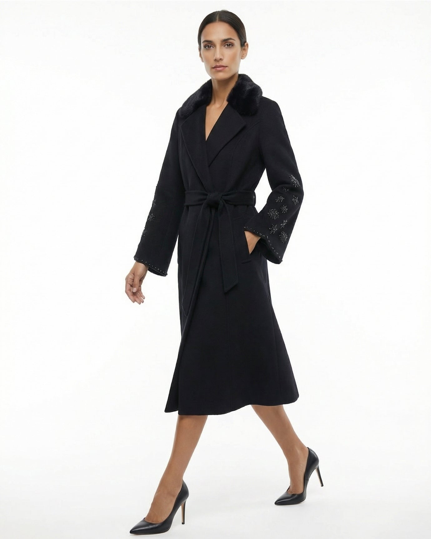 Abrigo de cachemira y lana con cuello de piel de visón de alta gama Divina