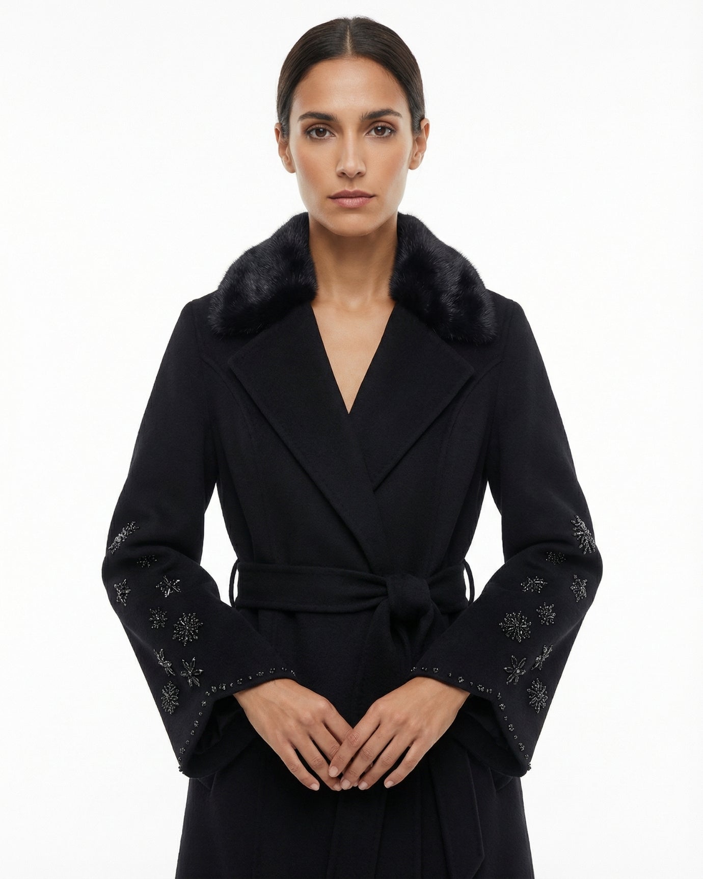 Abrigo de cachemira y lana con cuello de piel de visón de alta gama Divina