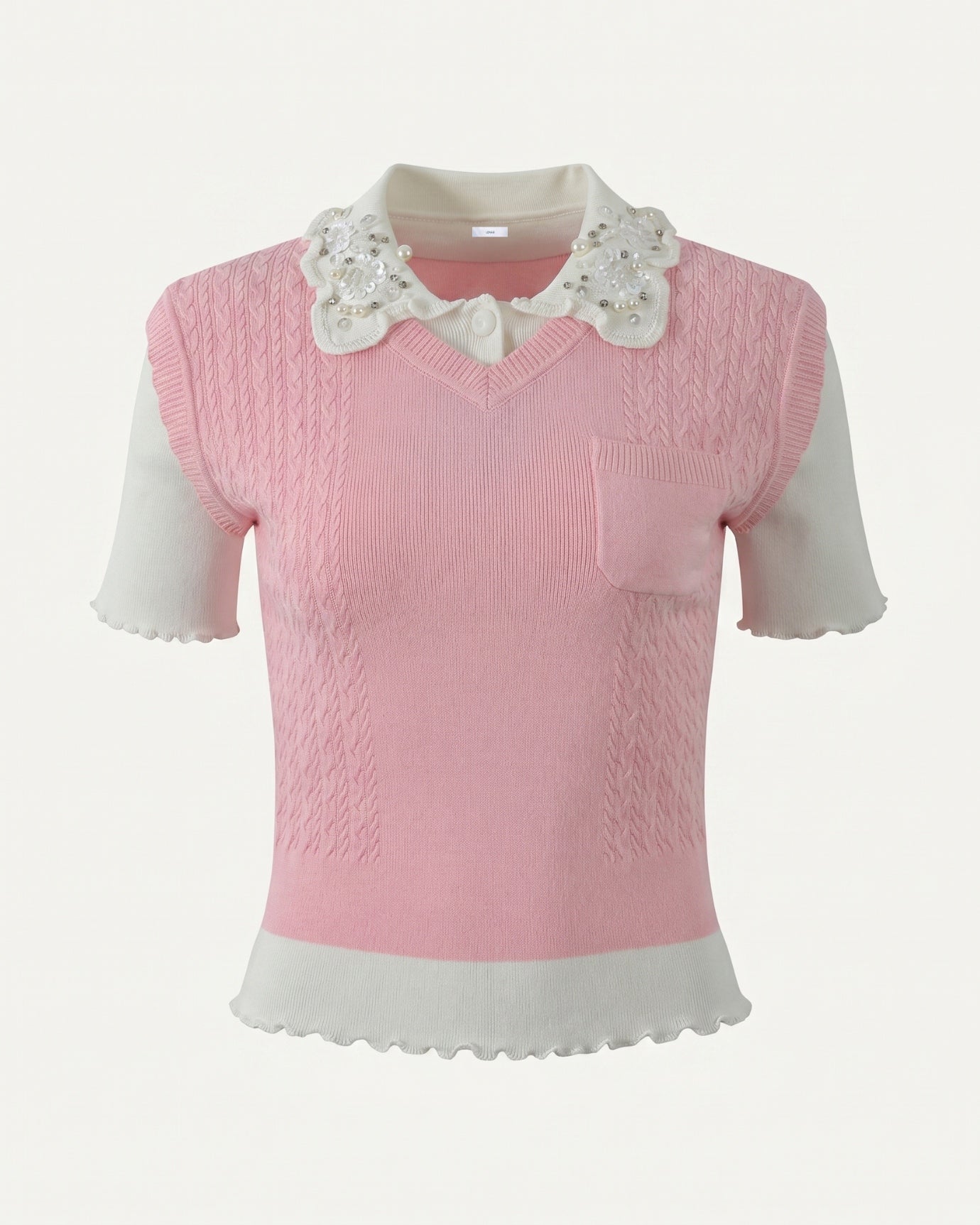 Gestricktes Top mit schlankem Schnitt und Polokragen aus Spitze