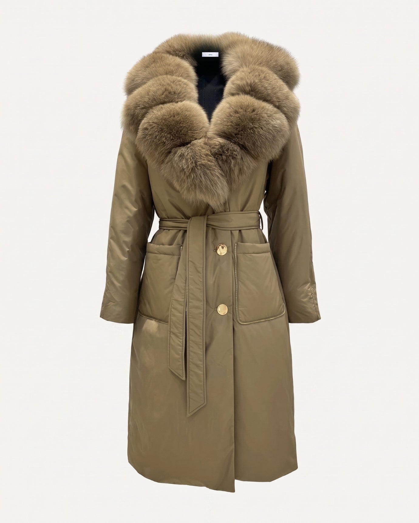 Long Down Jacket Fox Fur Collar Belted Thick Winter Coat