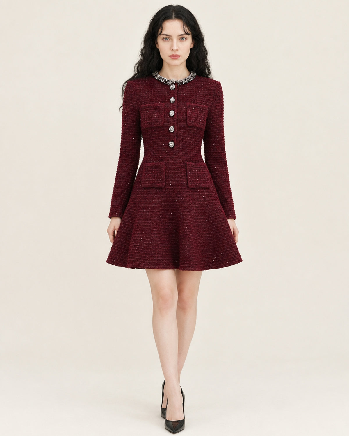 Burgundy Long-Sleeve Knit Mini Dress
