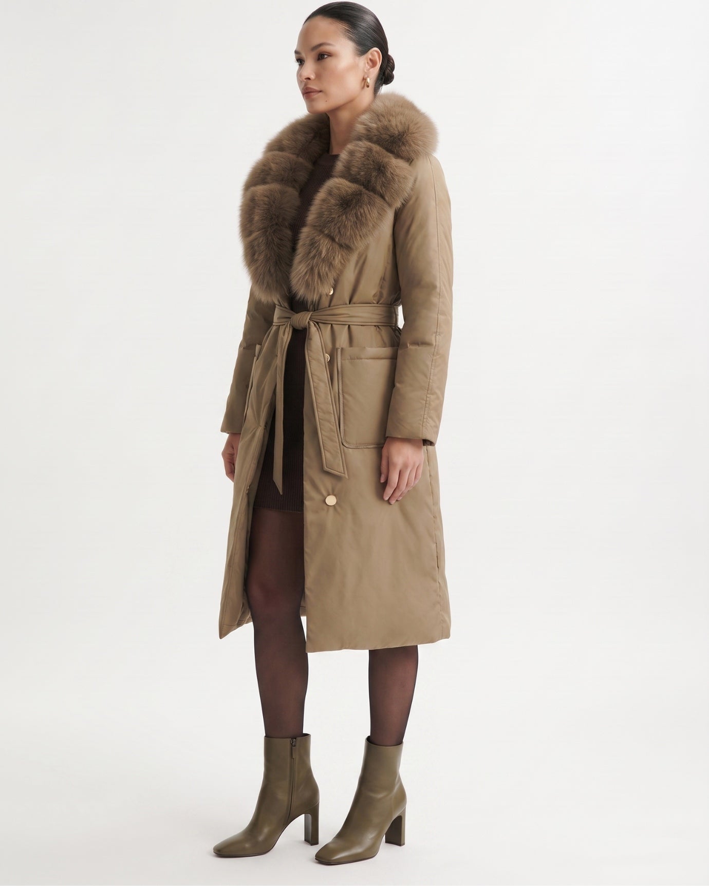 Long Down Jacket Fox Fur Collar Belted Thick Winter Coat