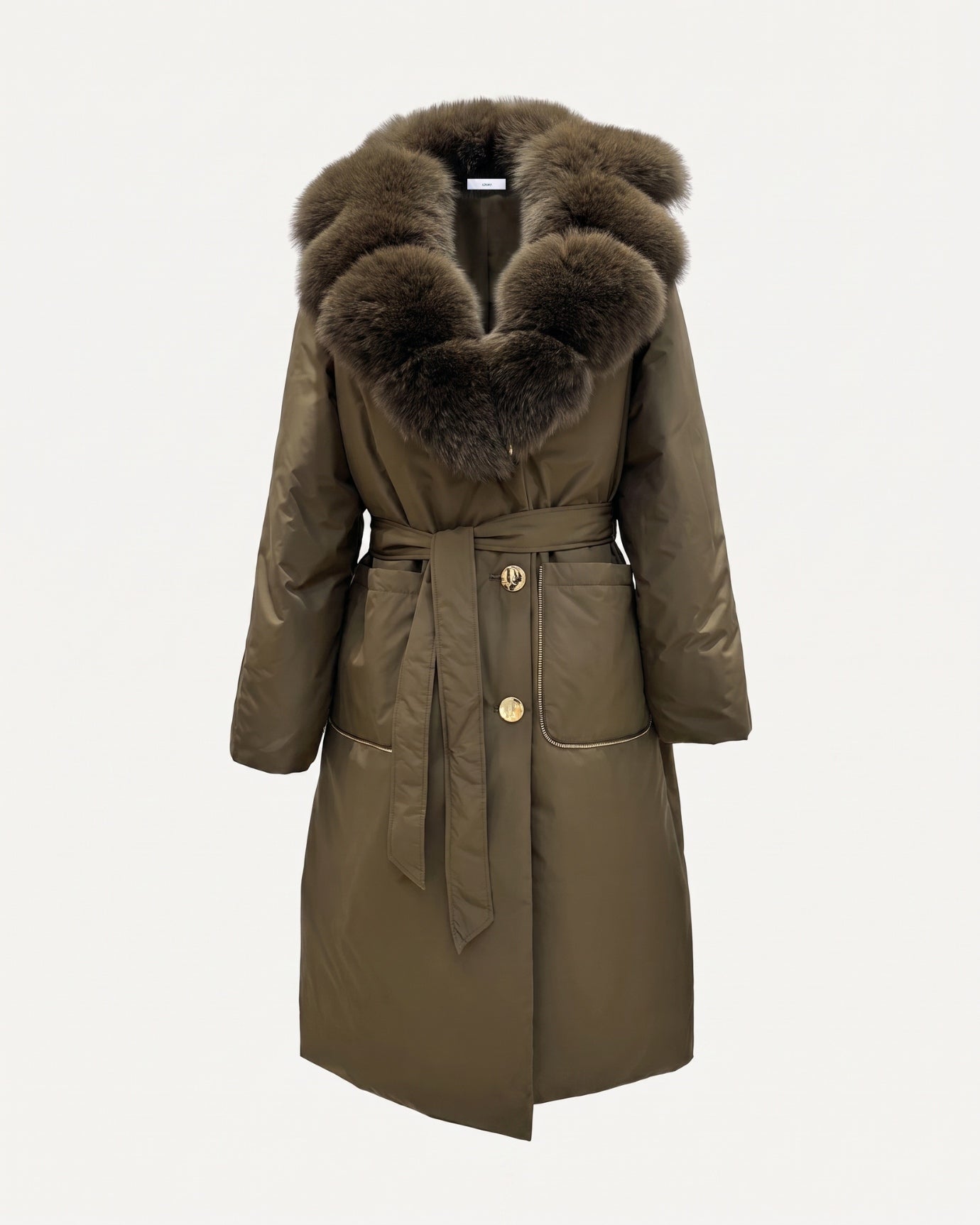 Long Down Jacket Fox Fur Collar Belted Thick Winter Coat