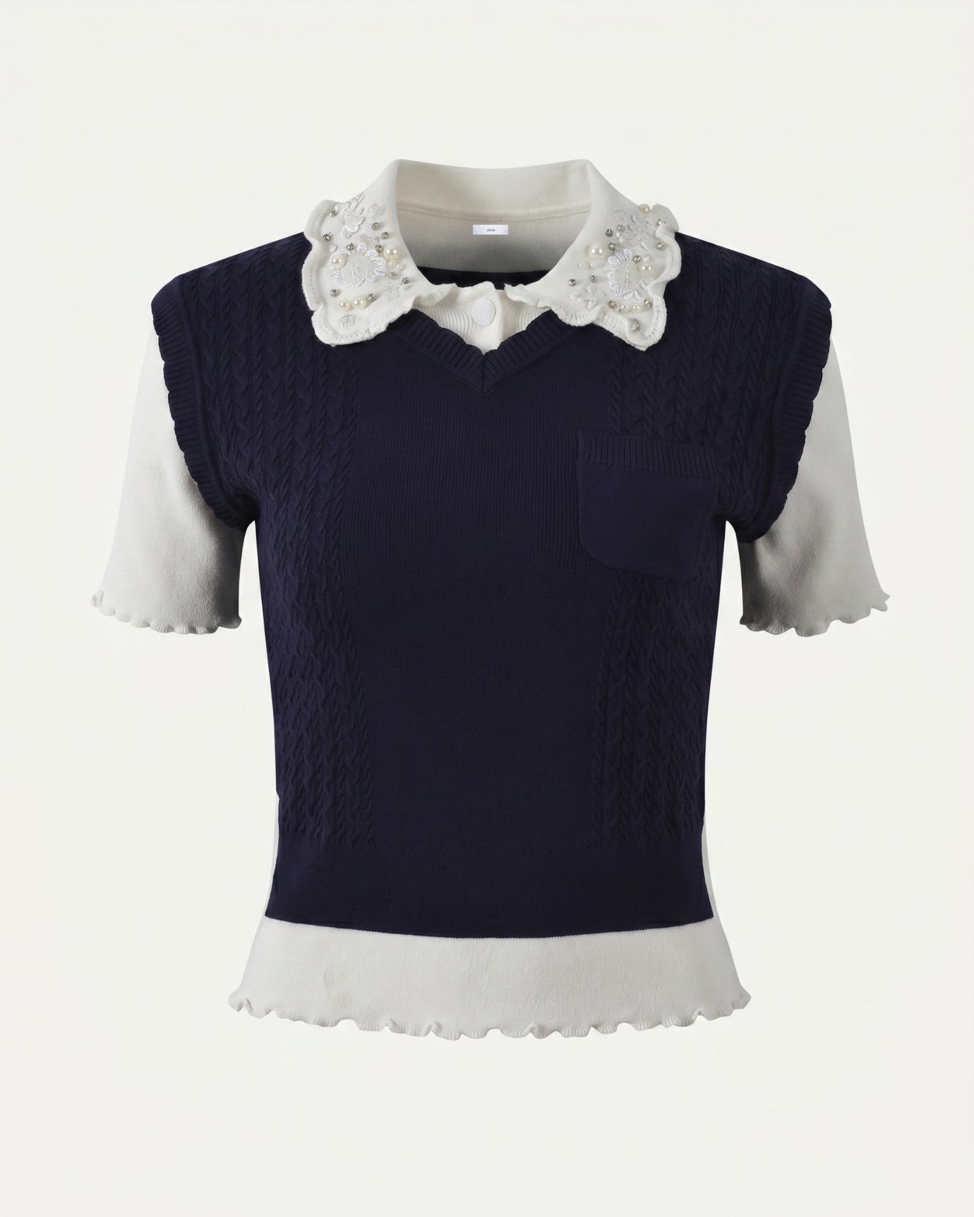Lace Polo Collar Slim Knitted Top
