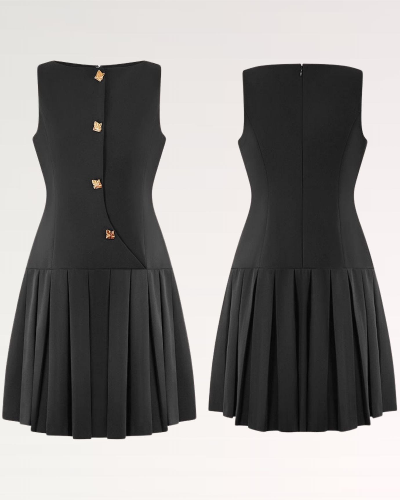 Front view of Franziska dress showcasing button-down closure and elegant neckline