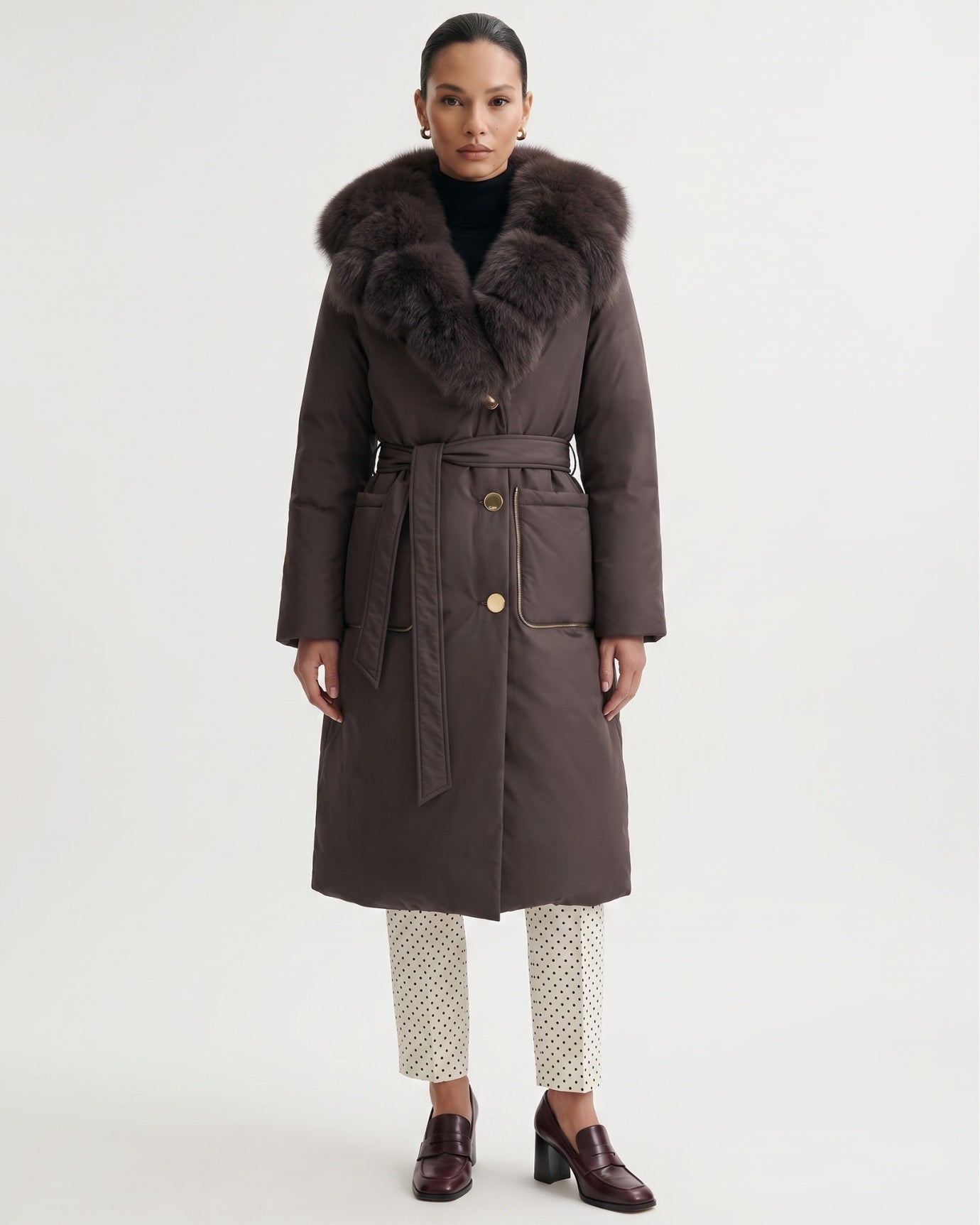 Long Down Jacket Fox Fur Collar Belted Thick Winter Coat