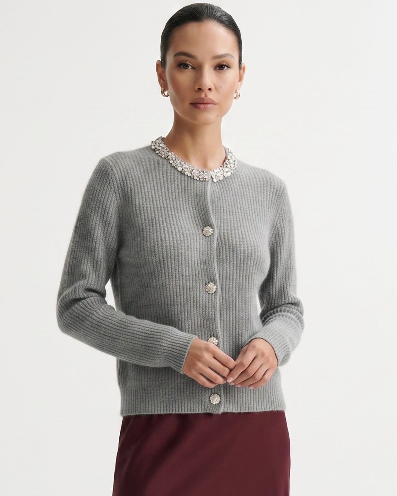 Round Neck Cashmere Knitted Diamond Cardigan