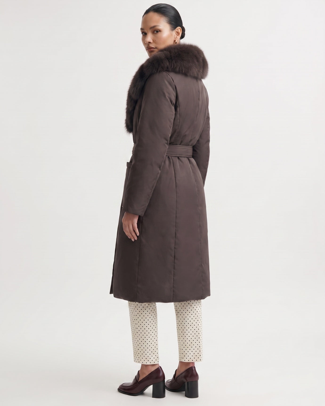 Long Down Jacket Fox Fur Collar Belted Thick Winter Coat