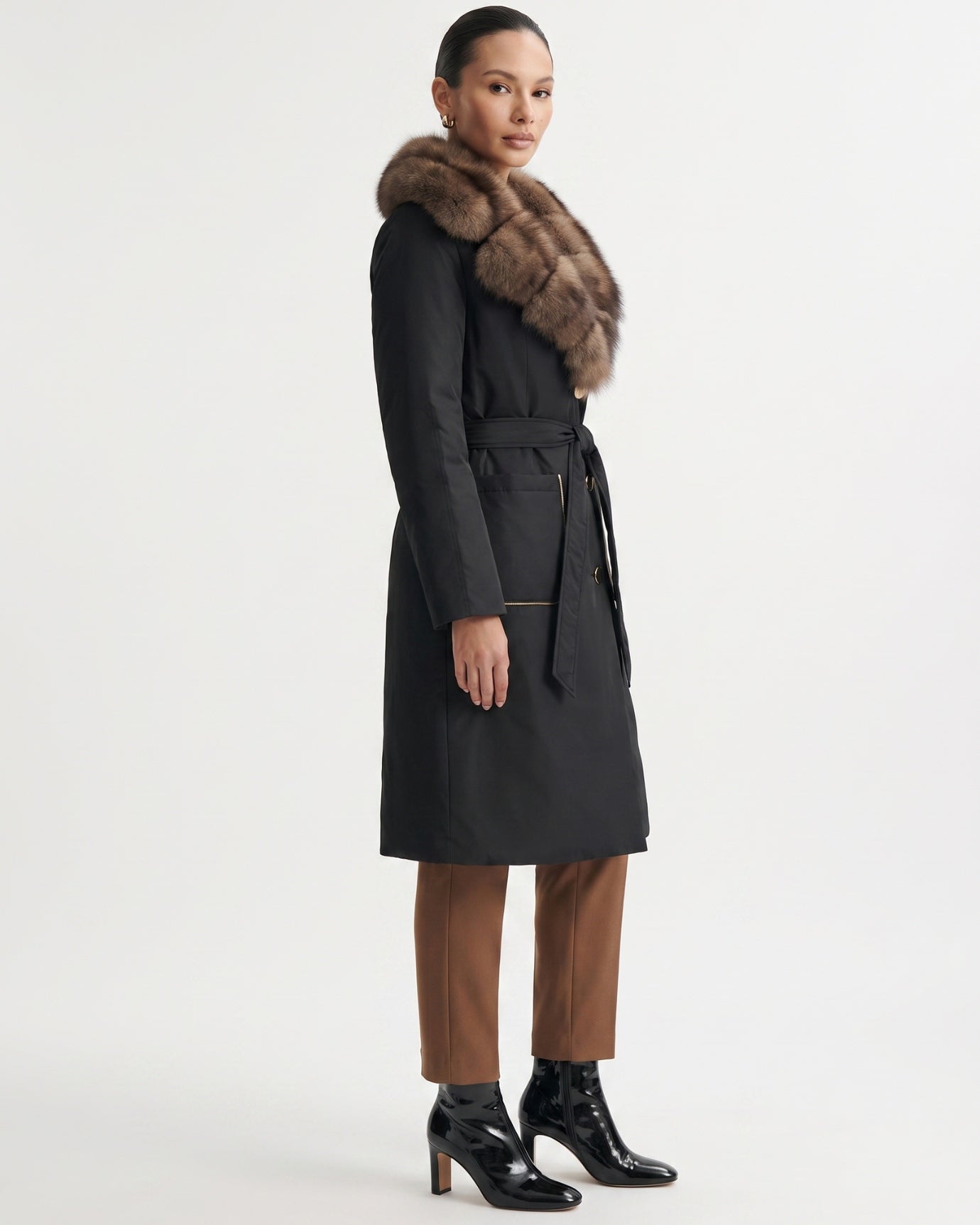 Long Down Jacket Fox Fur Collar Belted Thick Winter Coat