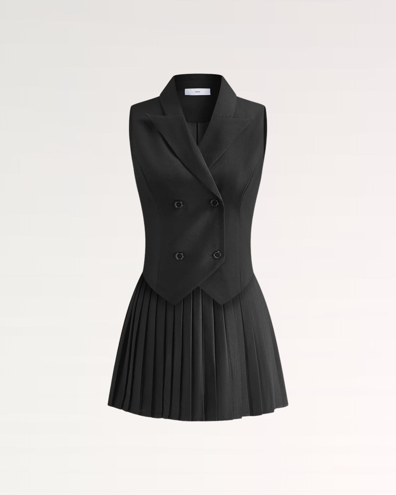 Black pleated mini skirt and waistcoat set, perfect for office or evening events