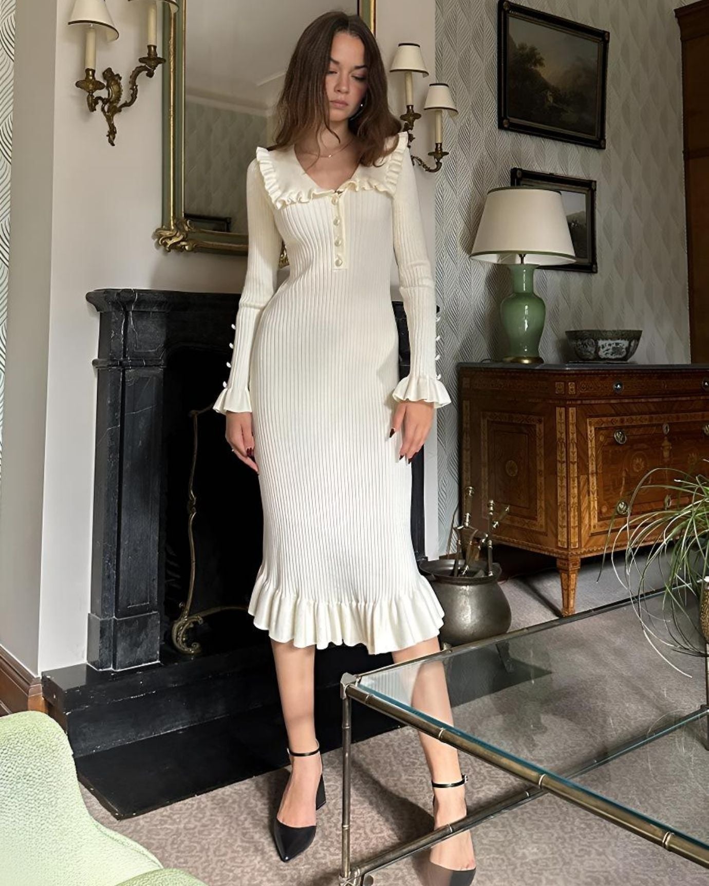 Front view of Old Money Dress Long Sleeve in crisp White color