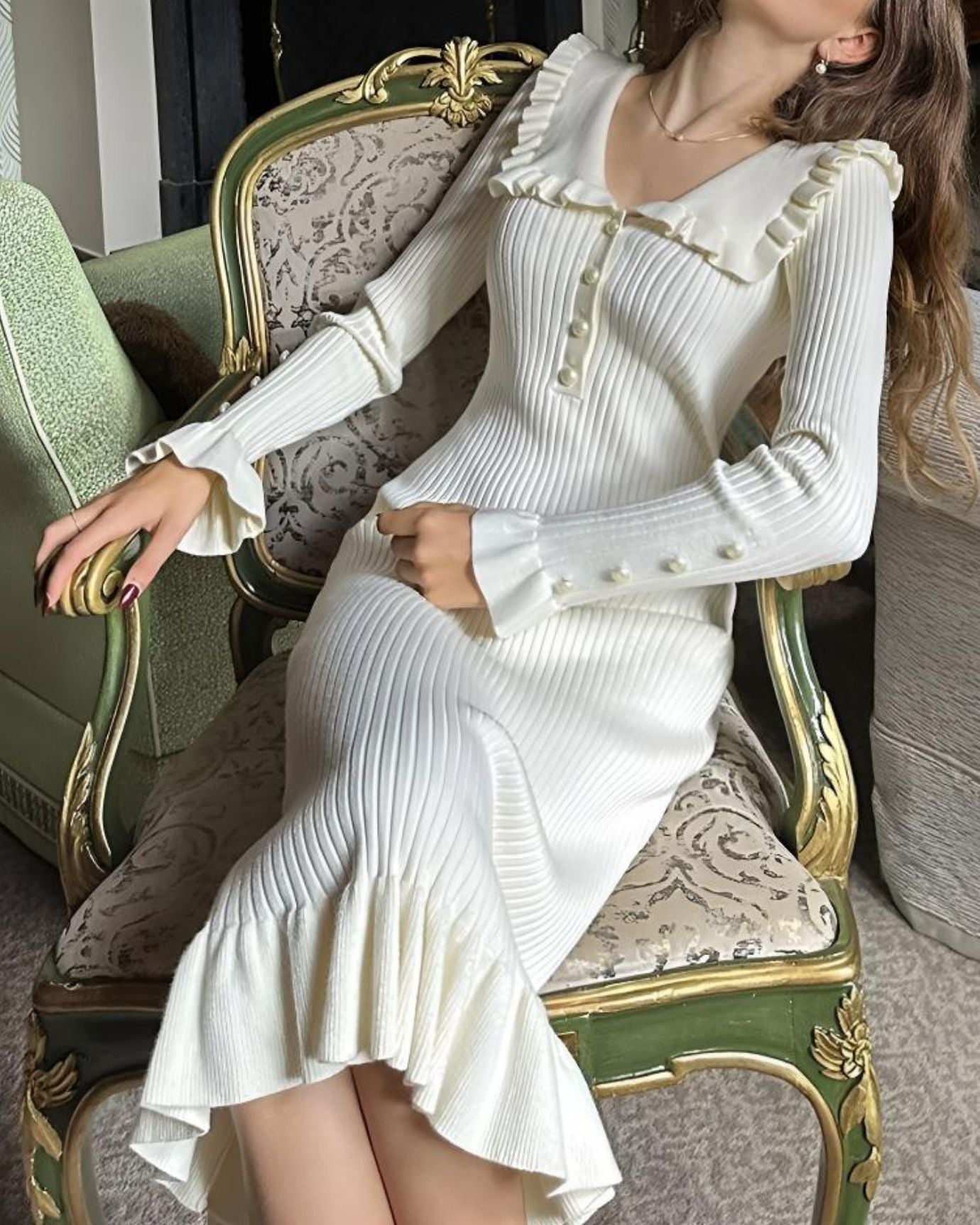 White Old Money Dress featuring fine button details and tailored fit.