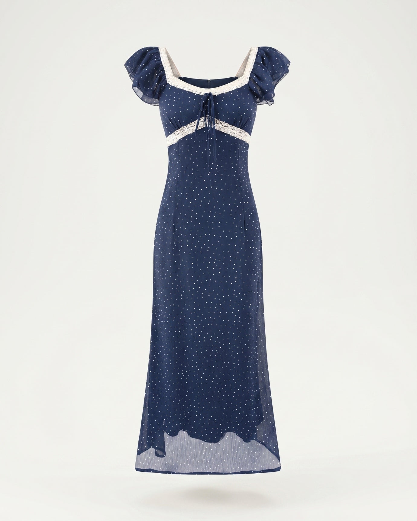 Lace slim dress with bubble sleeves, romantic feminine details, elegant refined silhouette