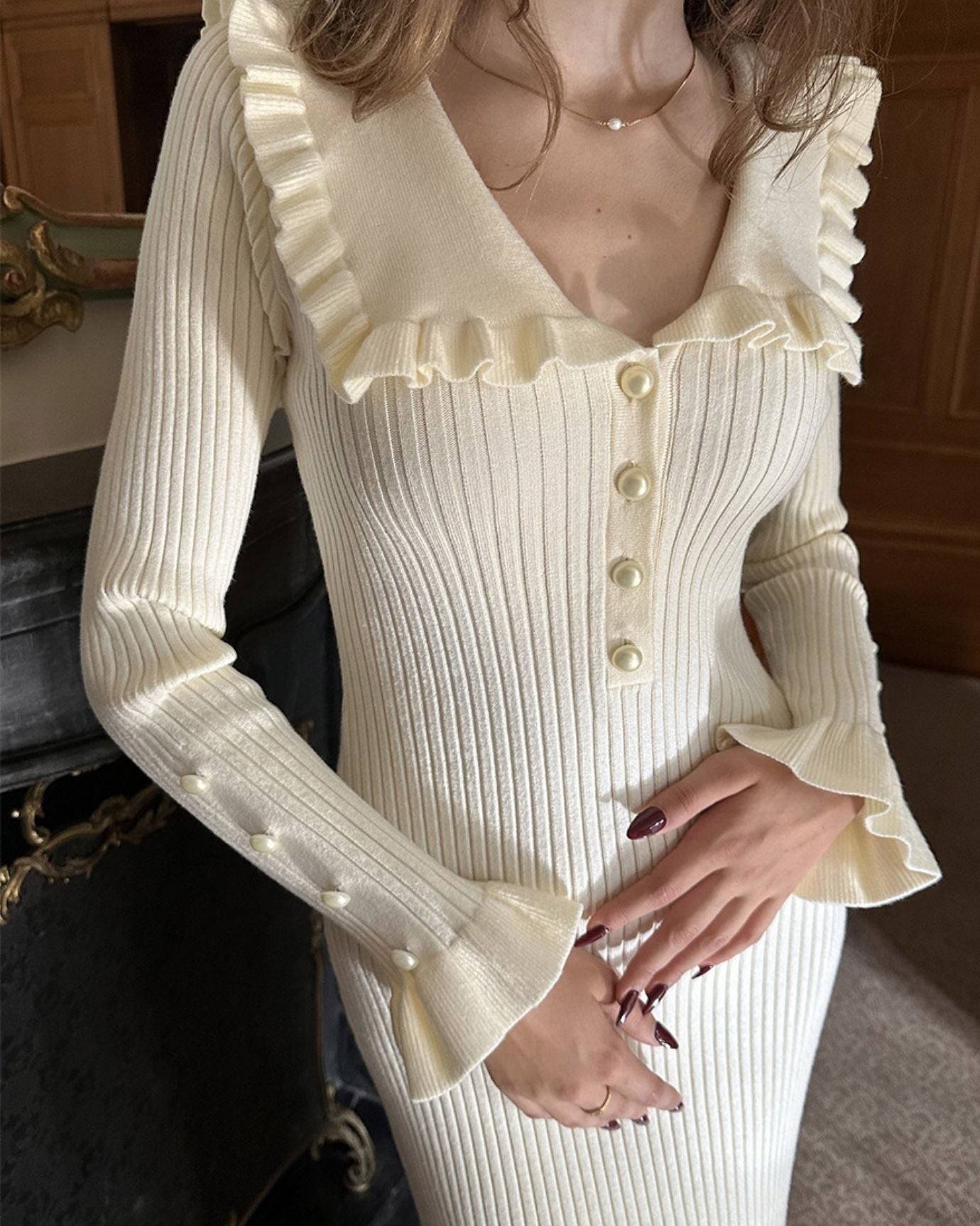 Detail of buttoned cuffs on White Old Money Dress long sleeves