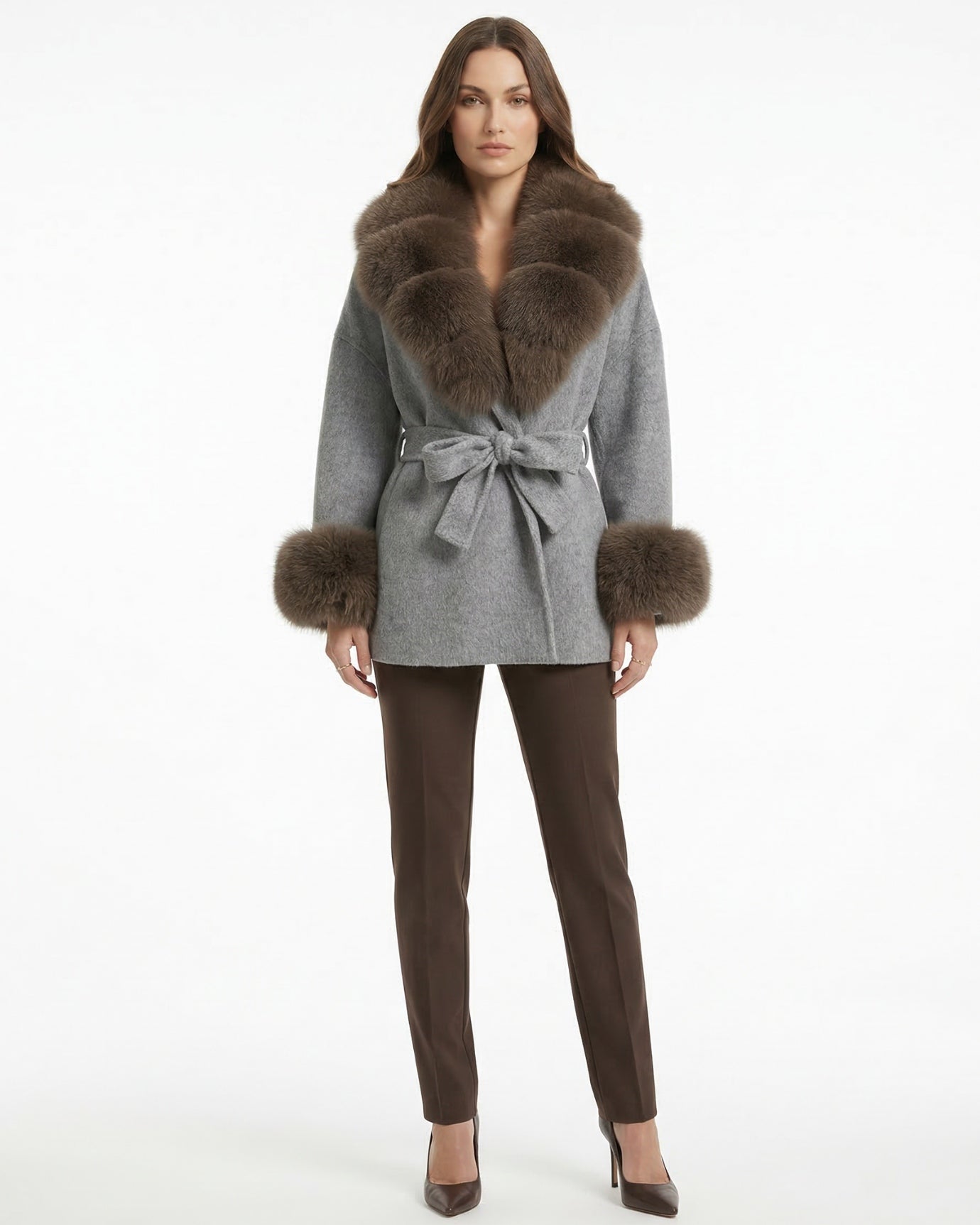 Abrigo de lana de doble cara Divina con cuello de piel de zorro