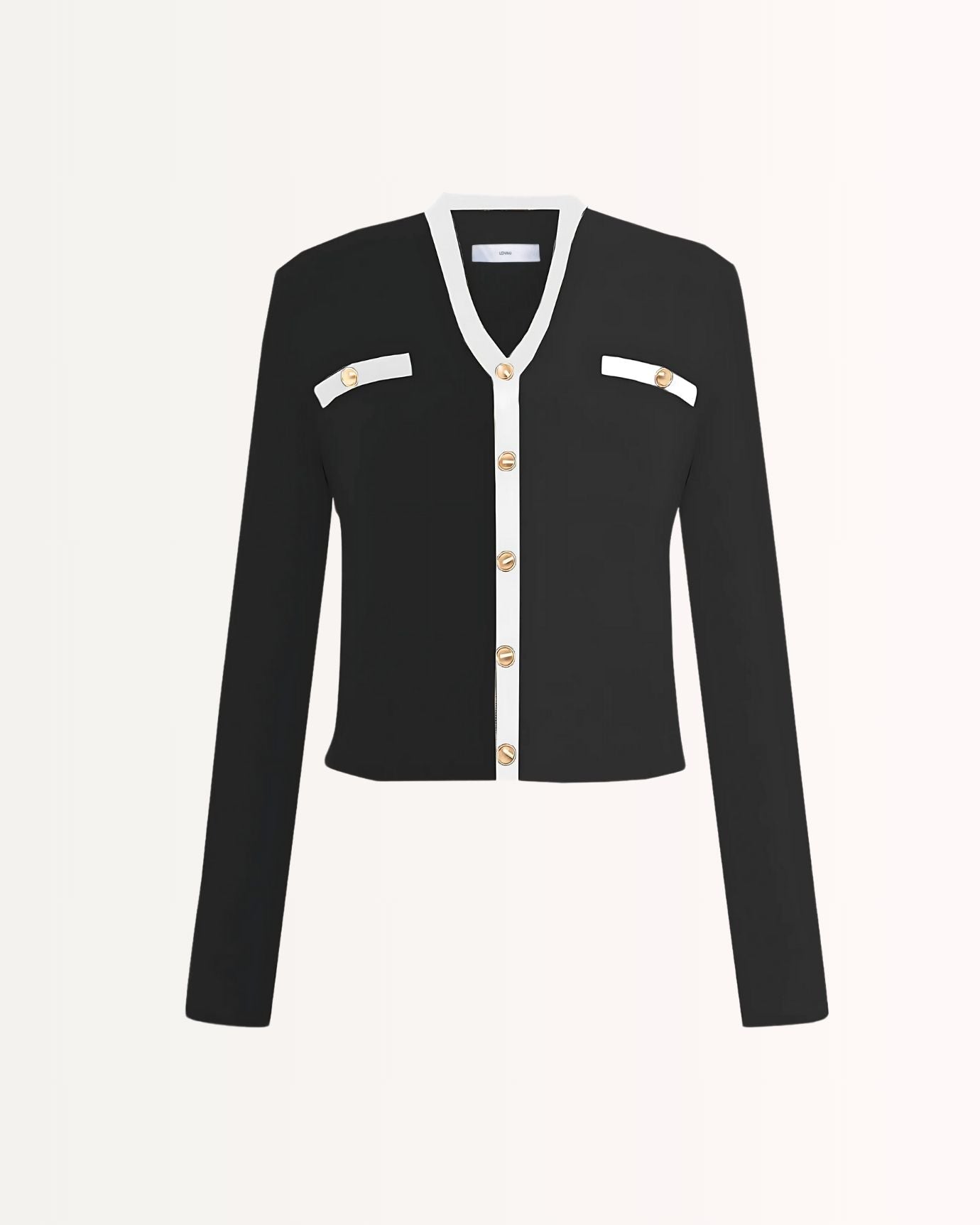Front view of Old Money set with crisp shirt buttons and structured collar