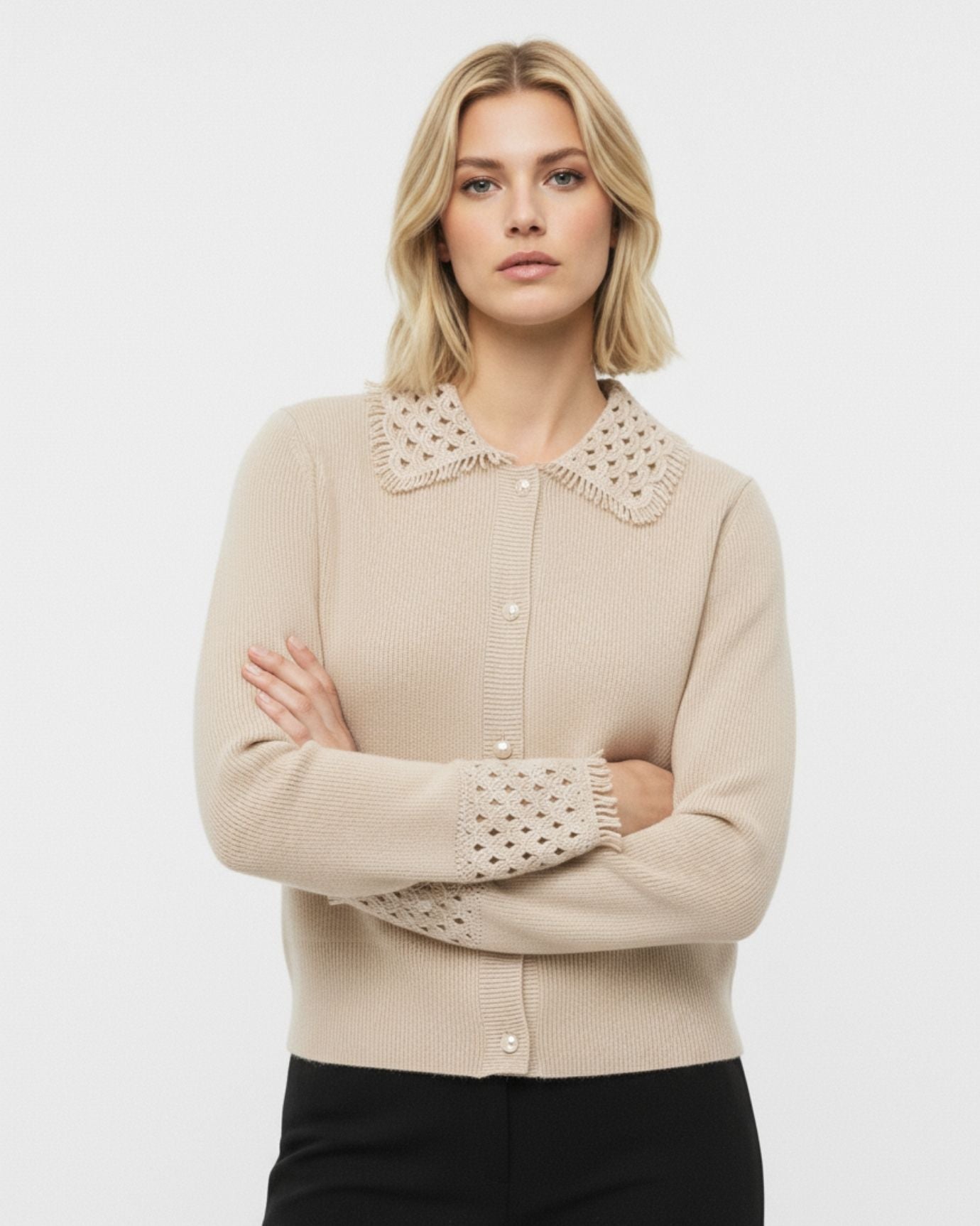 Dina Cashmere Crochet Polo Neck Thickened Cardigan