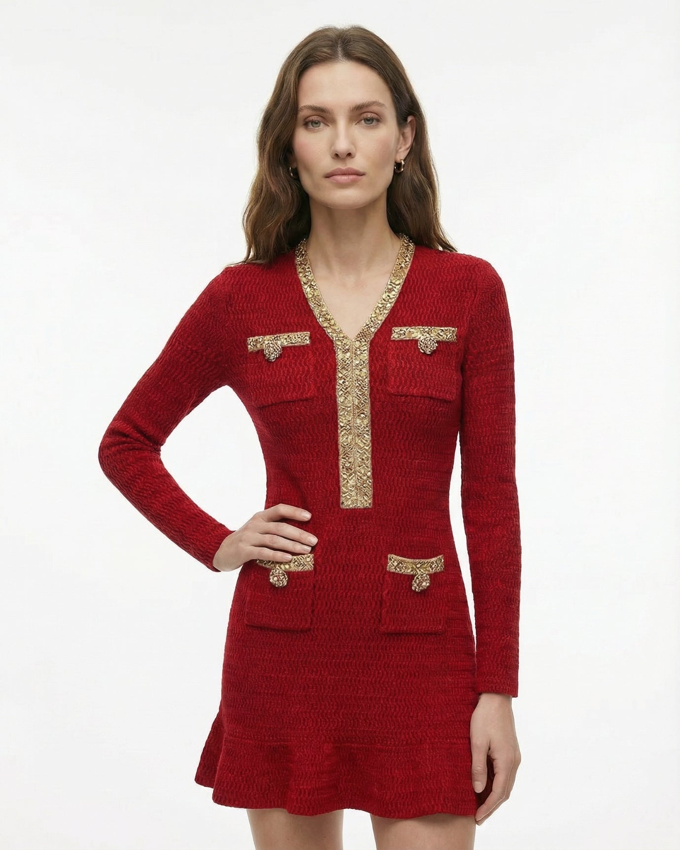 Slim-Fit Beaded Knit Long-Sleeve Dress