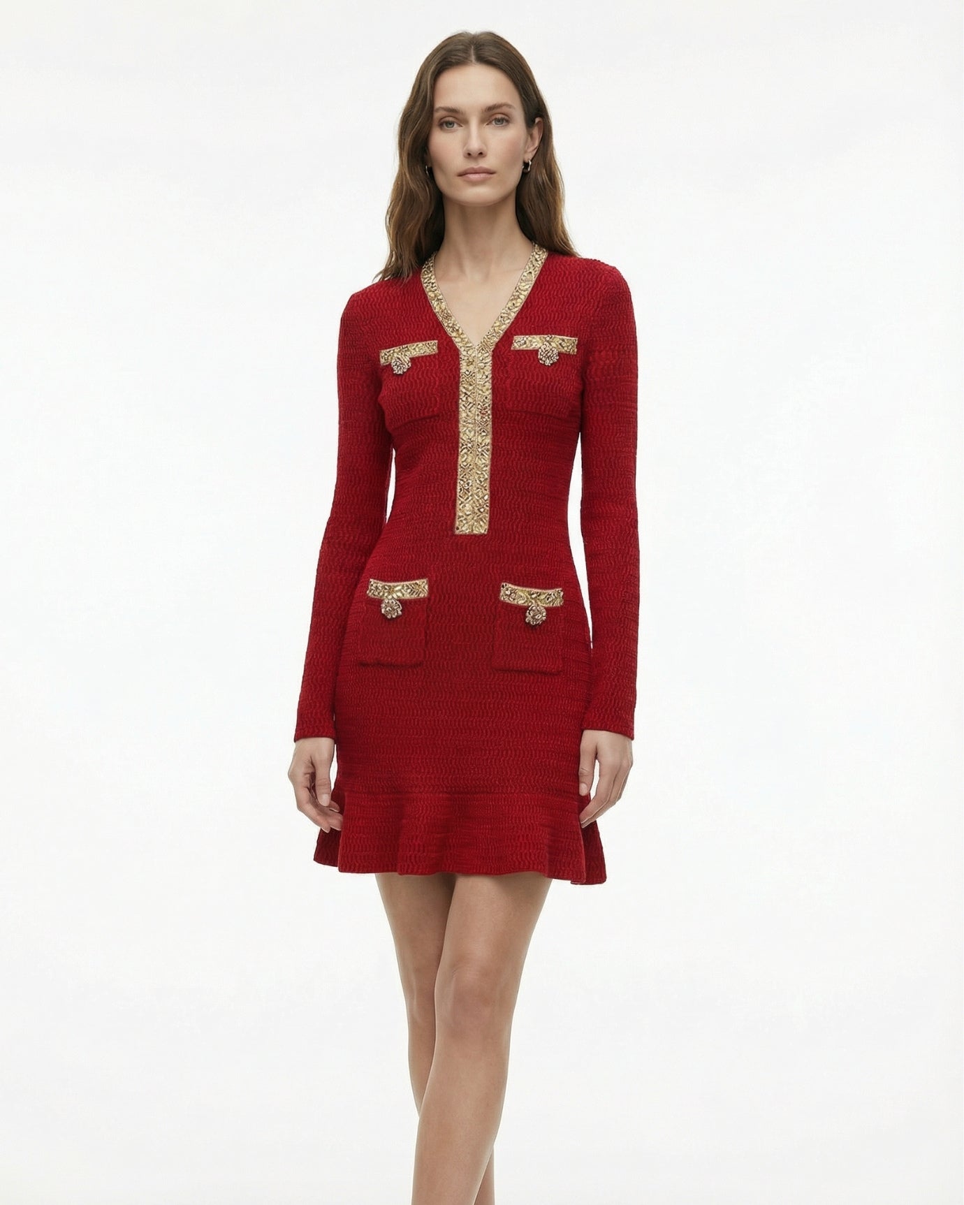 Slim-Fit Beaded Knit Long-Sleeve Dress