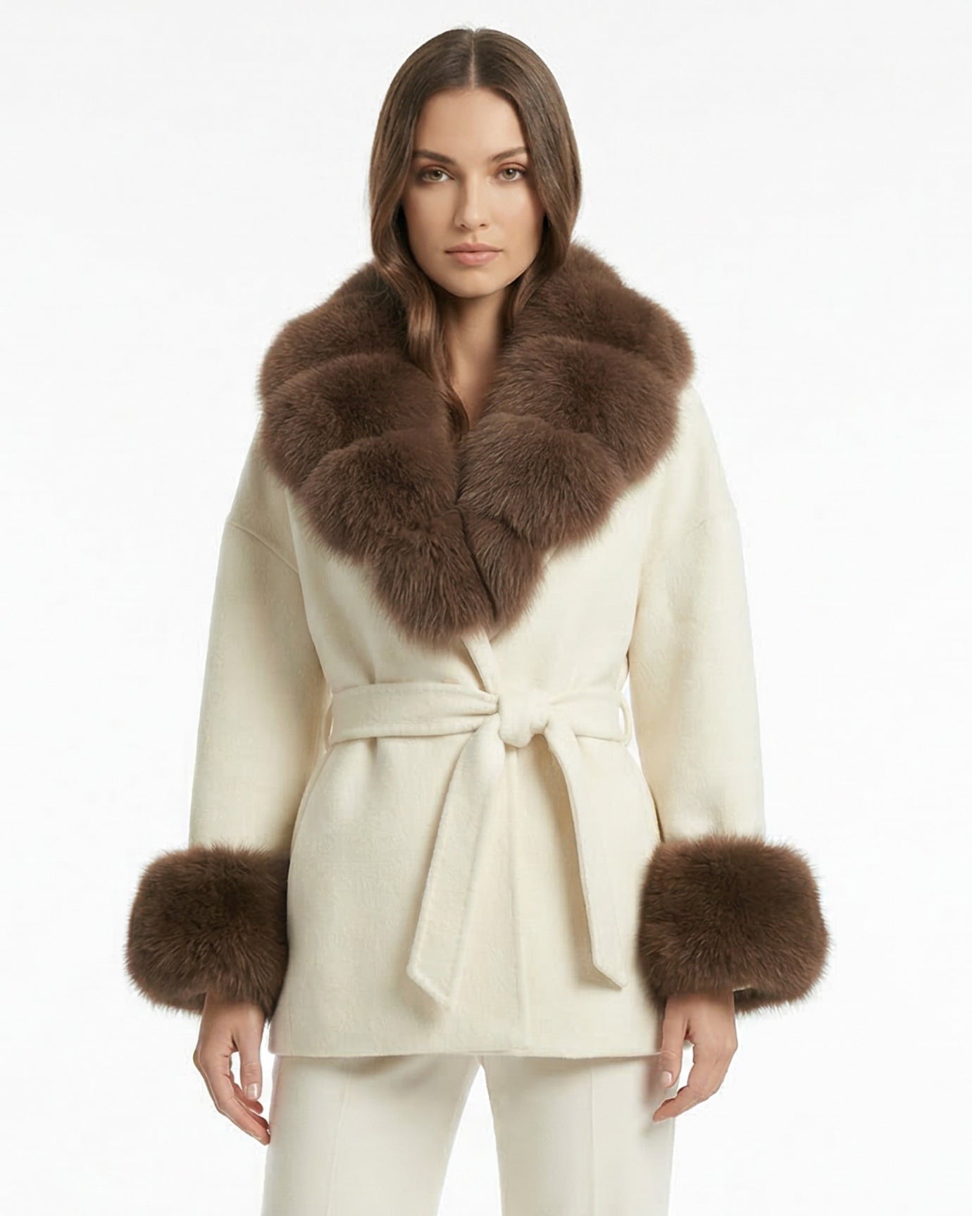 Abrigo de lana de doble cara Divina con cuello de piel de zorro