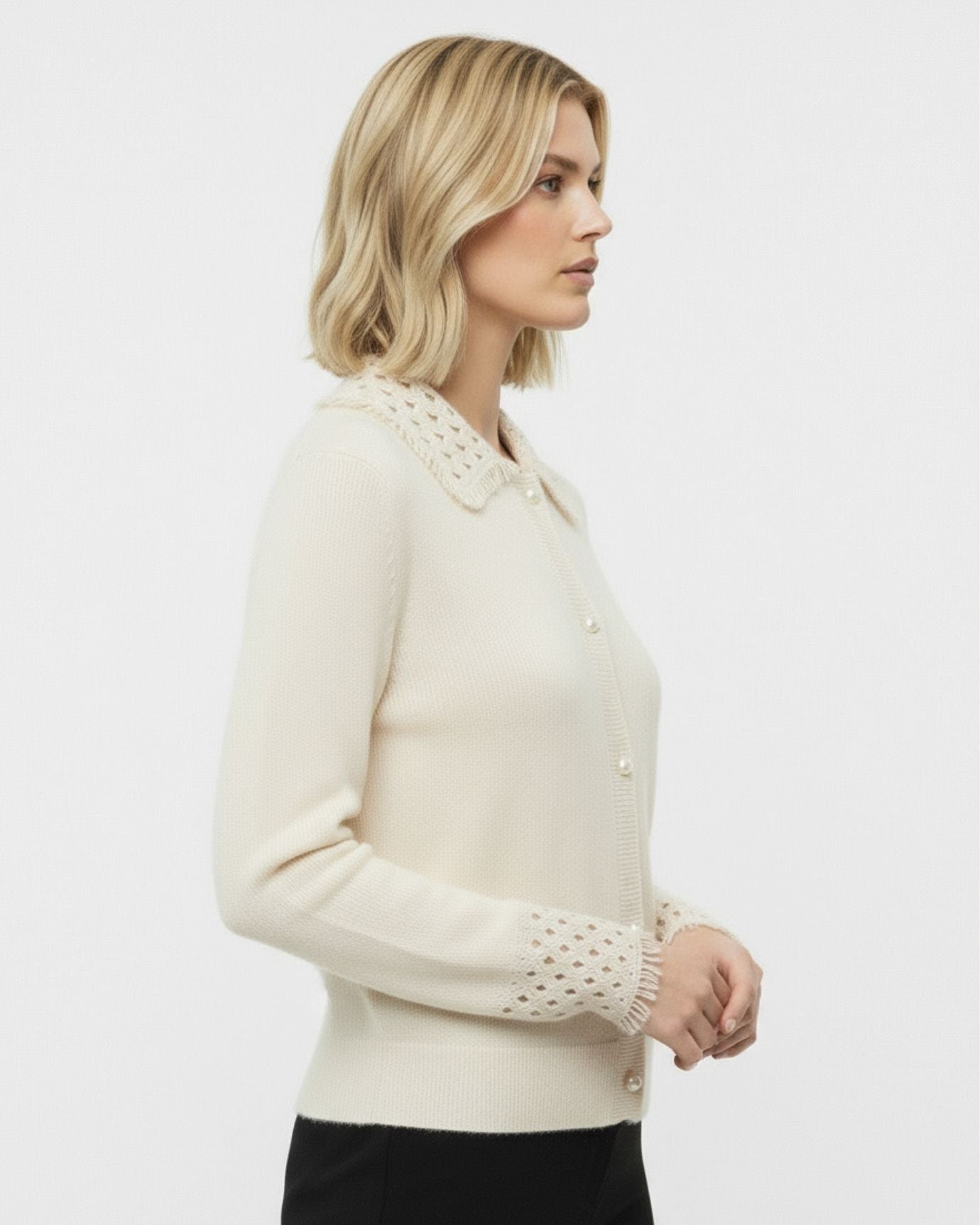 Dina Cashmere Crochet Polo Neck Thickened Cardigan