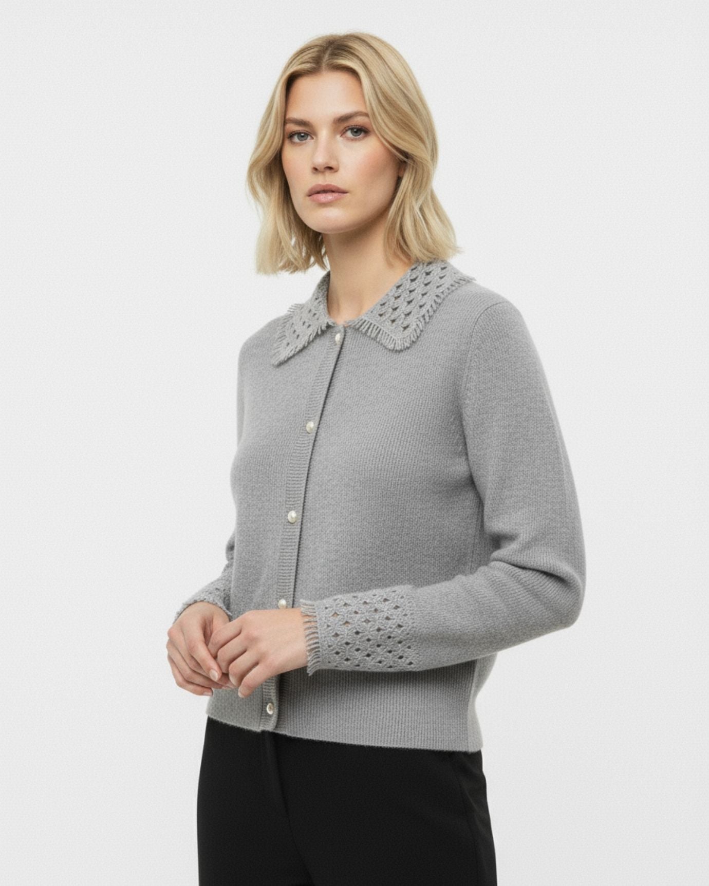 Dina Cashmere Crochet Polo Neck Thickened Cardigan