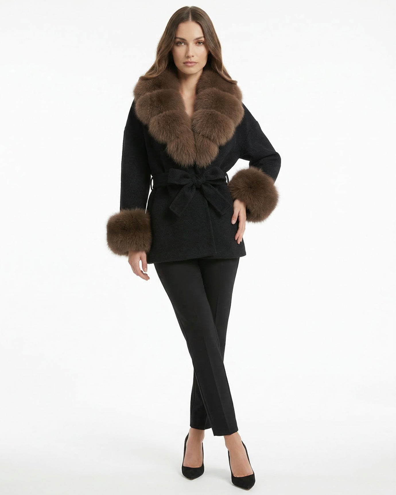 Abrigo de lana de doble cara Divina con cuello de piel de zorro