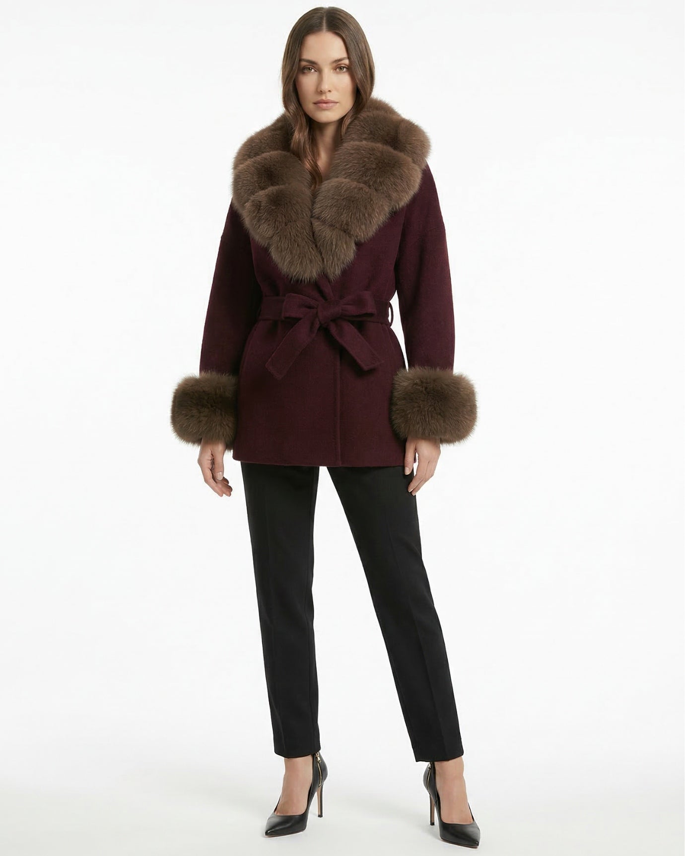 Abrigo de lana de doble cara Divina con cuello de piel de zorro