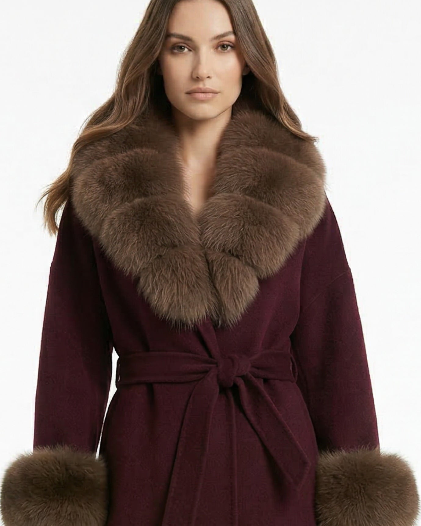 Abrigo de lana de doble cara Divina con cuello de piel de zorro