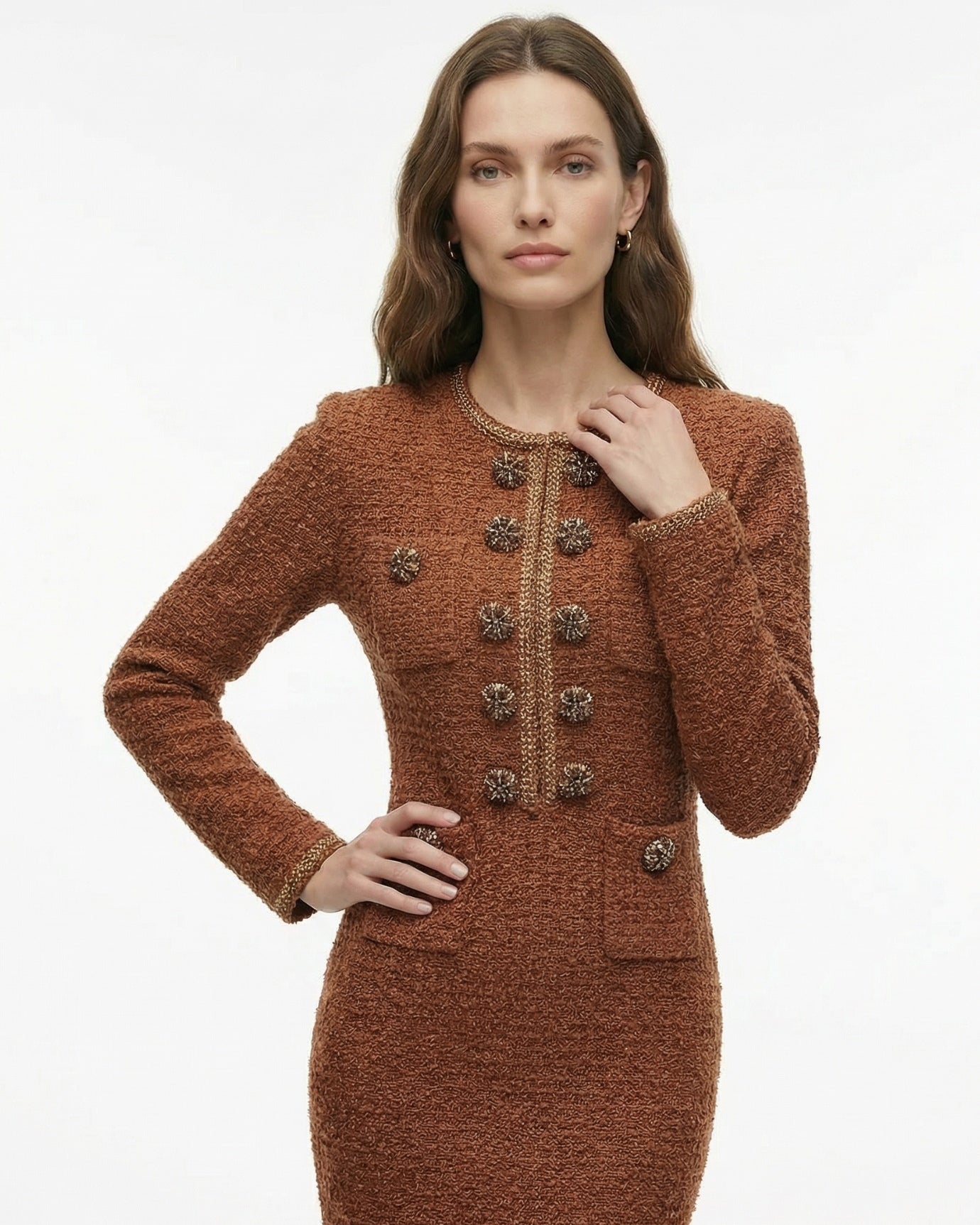 Limited Edition Retro Knit Dress with Metal Diamond Buttons
