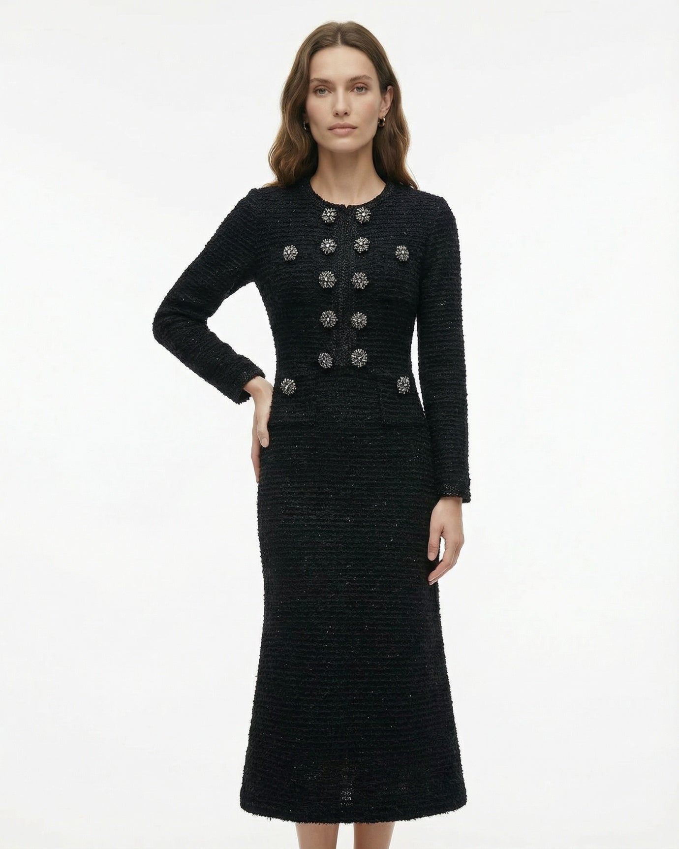Limited Edition Retro Knit Dress with Metal Diamond Buttons