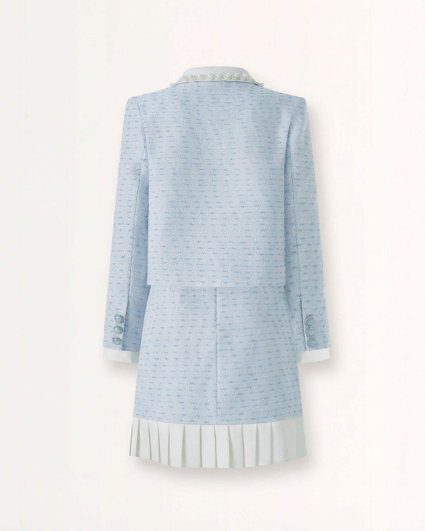 Limited Edition Blue Crystal Button Jacket + Color-Block Pleated Skirt Set