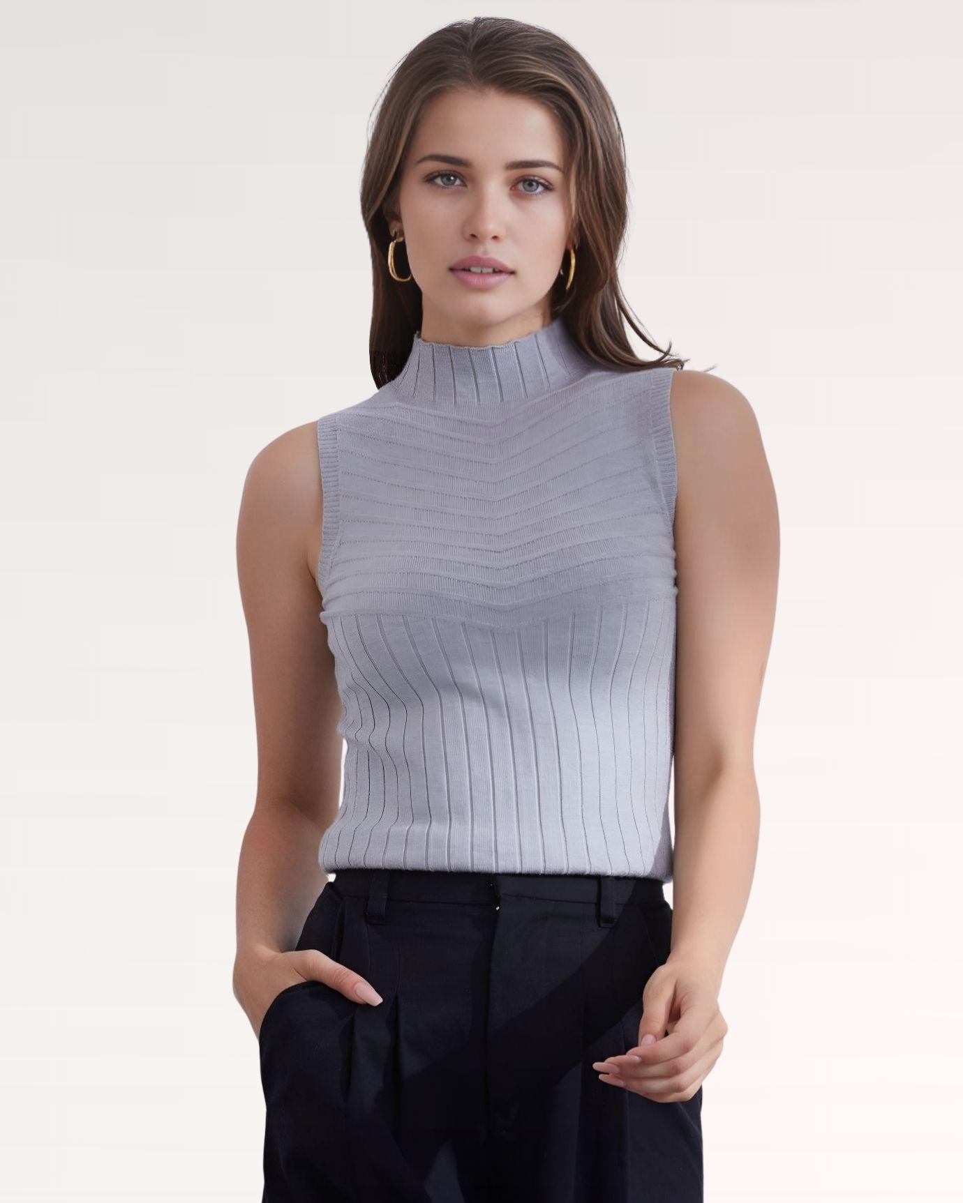 Front view of Knitted Vest Shirt Sleeveless in classic Grey with detailed knit pattern
