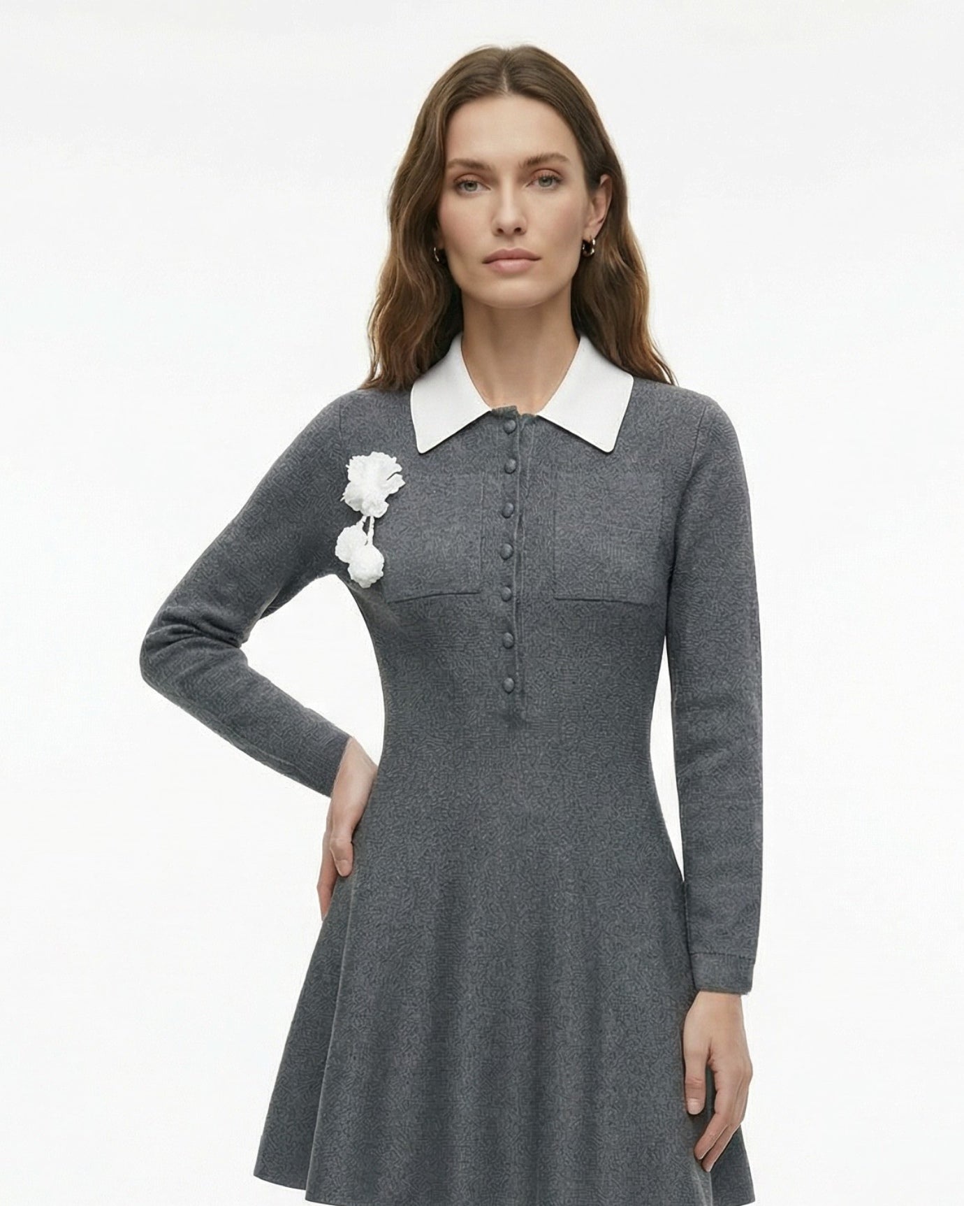 Paris Elegance Knit Dress with Floral Brooch