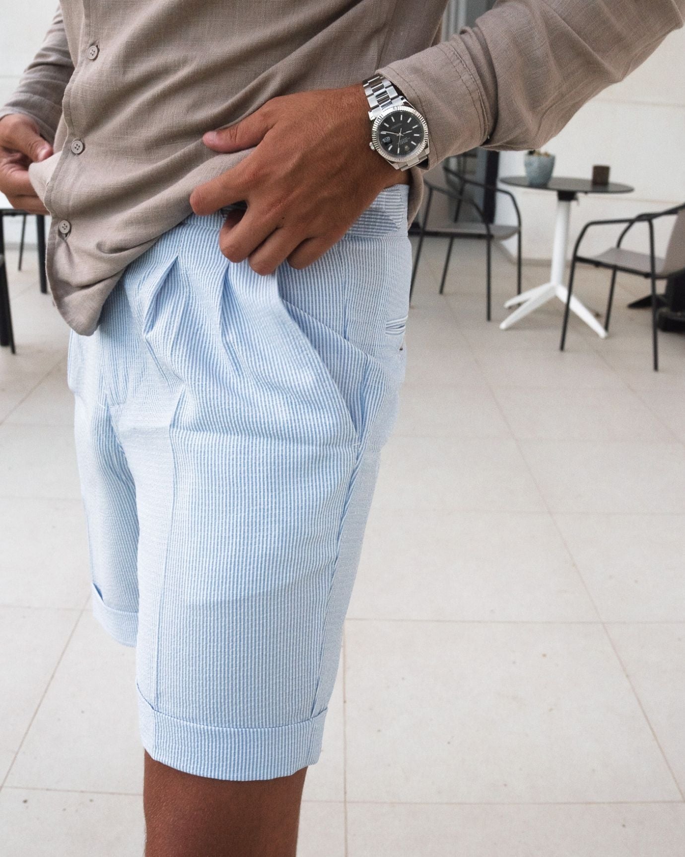Modern men's shorts in blue stripes with an adjustable waistband for a personalized fit