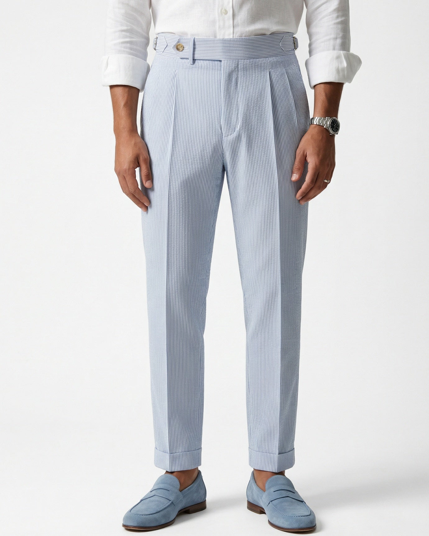 Pantalón de rayas azul claro de cintura alta