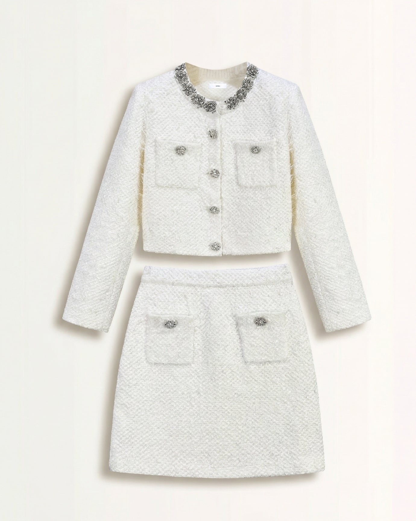 Rhinestone Heavy-Inlaid Knit Cardigan & Midi Skirt