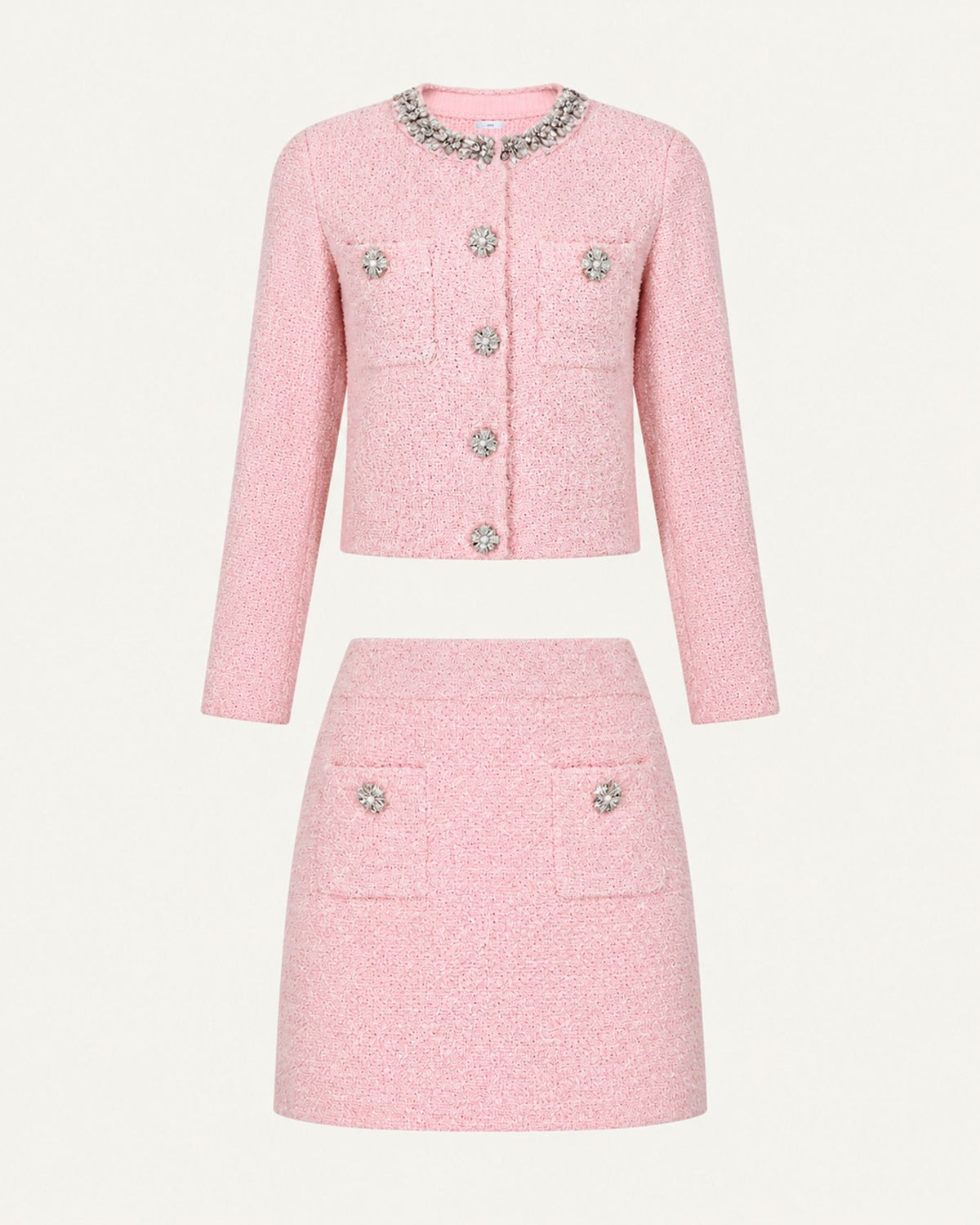 Pink Sparkle-Trim Knit Sweater and Skirt Set