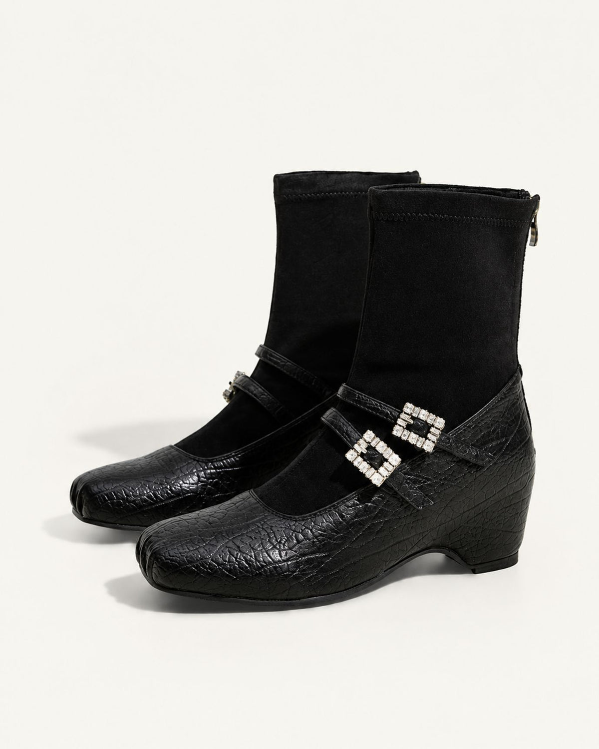Rhinestone-Embellished Leather Wedge Boots