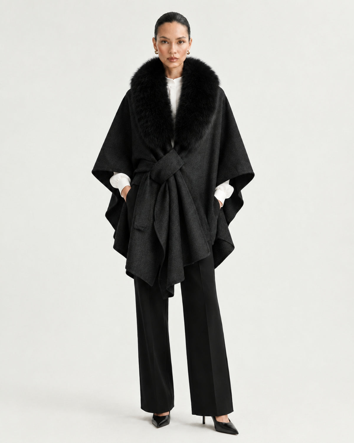Real Fox Fur Collar Knit Cape Wool Shawl