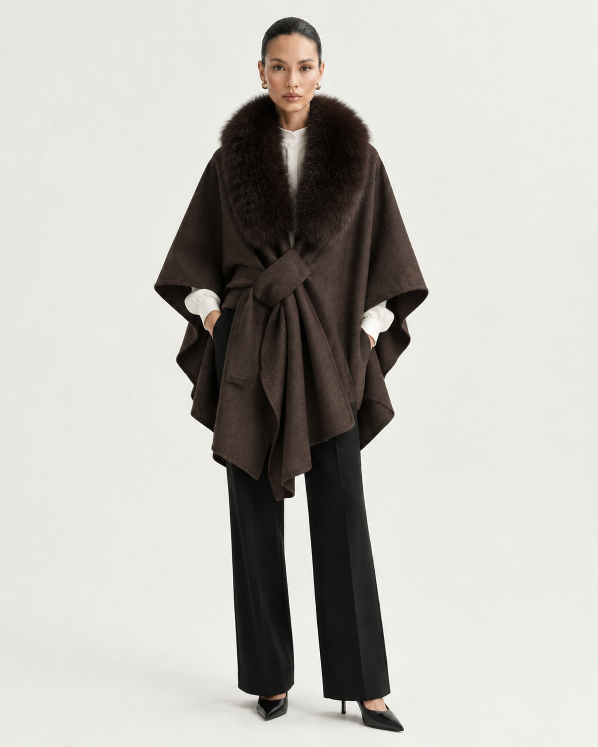 Real Fox Fur Collar Knit Cape Wool Shawl