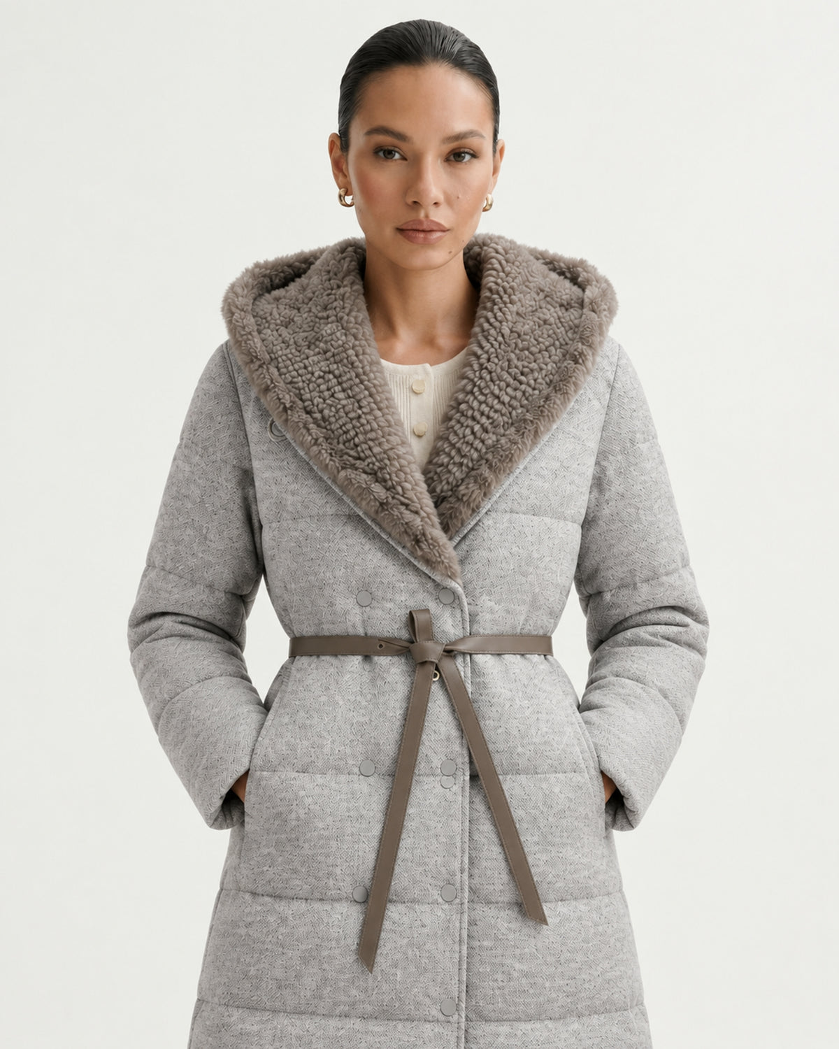 Mid-Length Goose Down Jacket with Mink Hood