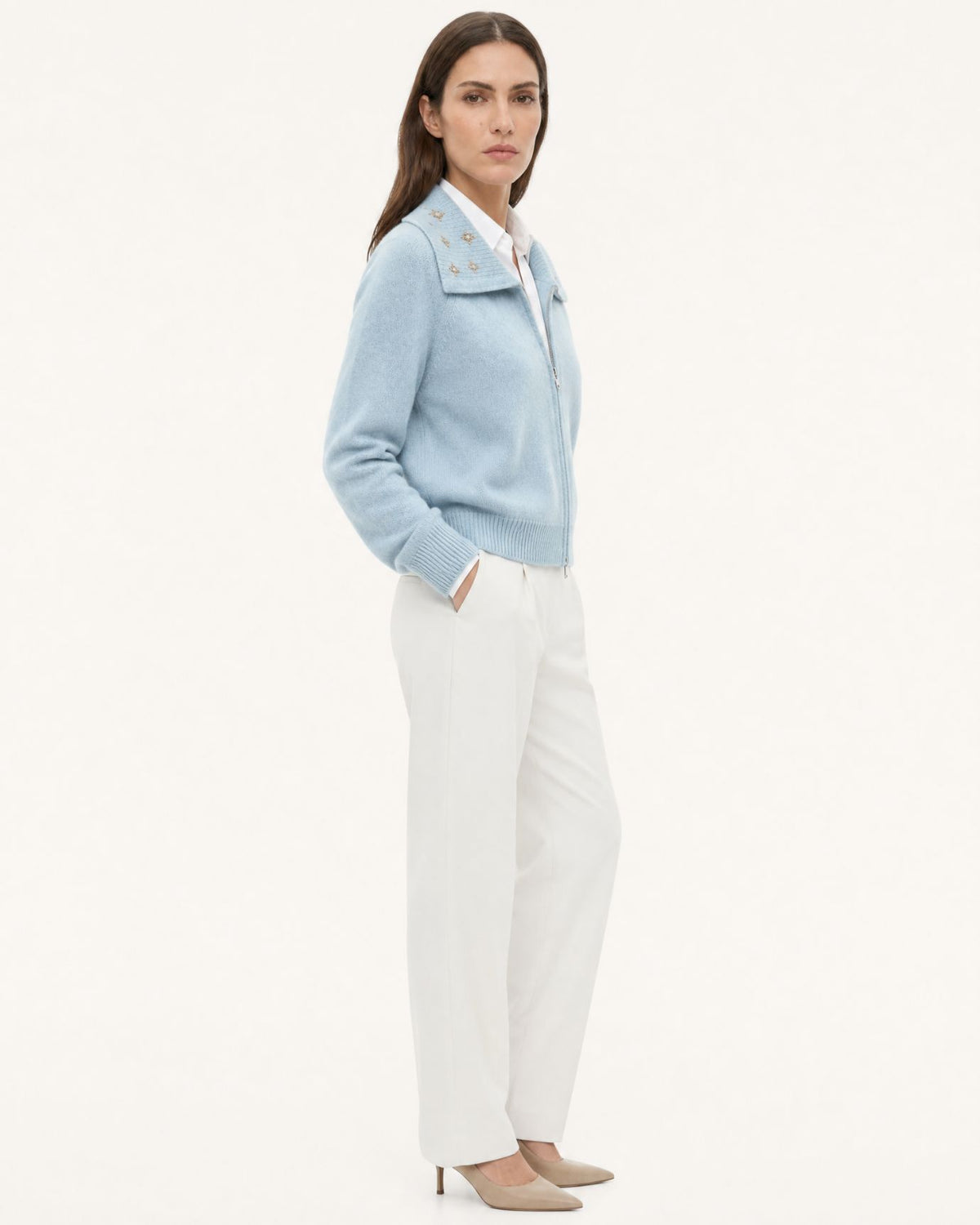 Lina Beaded and Embroidered 100% Cashmere Zip Cardigan
